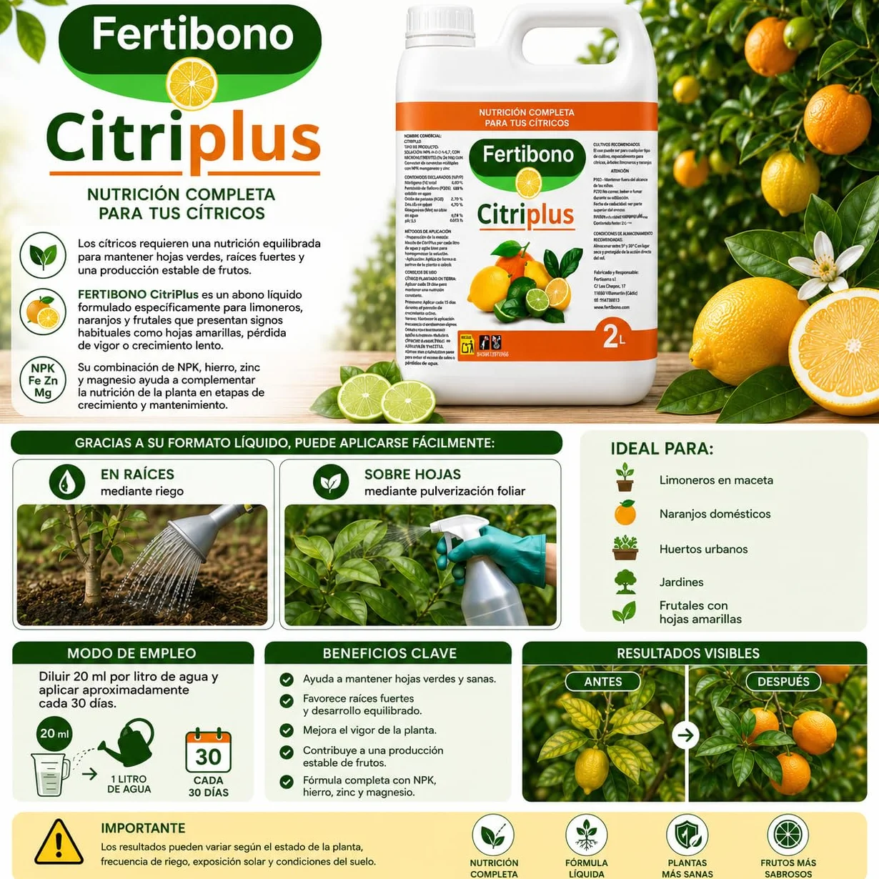 Fertibono CitriPlus Abono Cítricos 2L Rico en Hierro Zinc Magnesio NPK Ecológico