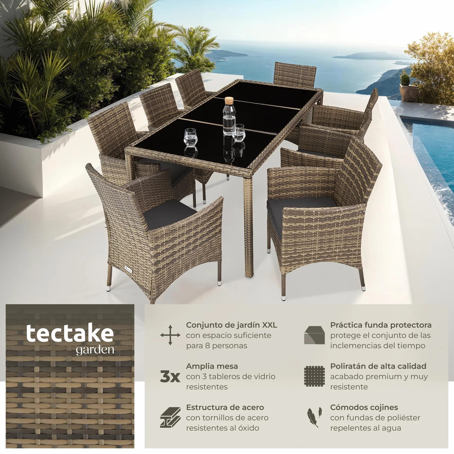 tectake® Conjunto Jardín Exterior de Ratán y Acero con Cojines, Muebles Jardín Exterior Resistentes a Intemperie, para hasta 8 Personas, Fácil Limpieza - Natural/Gris