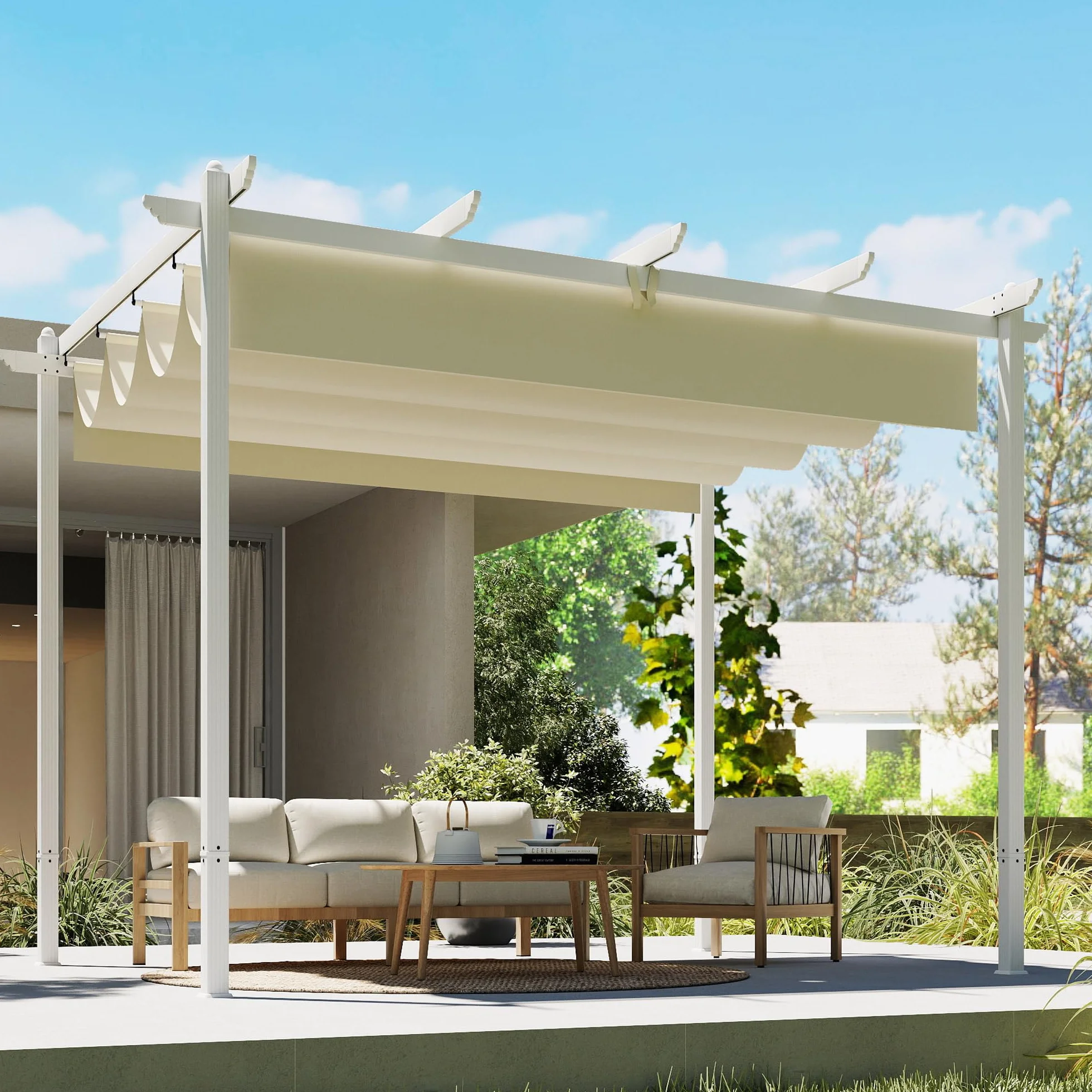 Outsunny Pérgola de Jardín 4x3 m Techo Retráctil UPF30+ Estructura Metálica Beige