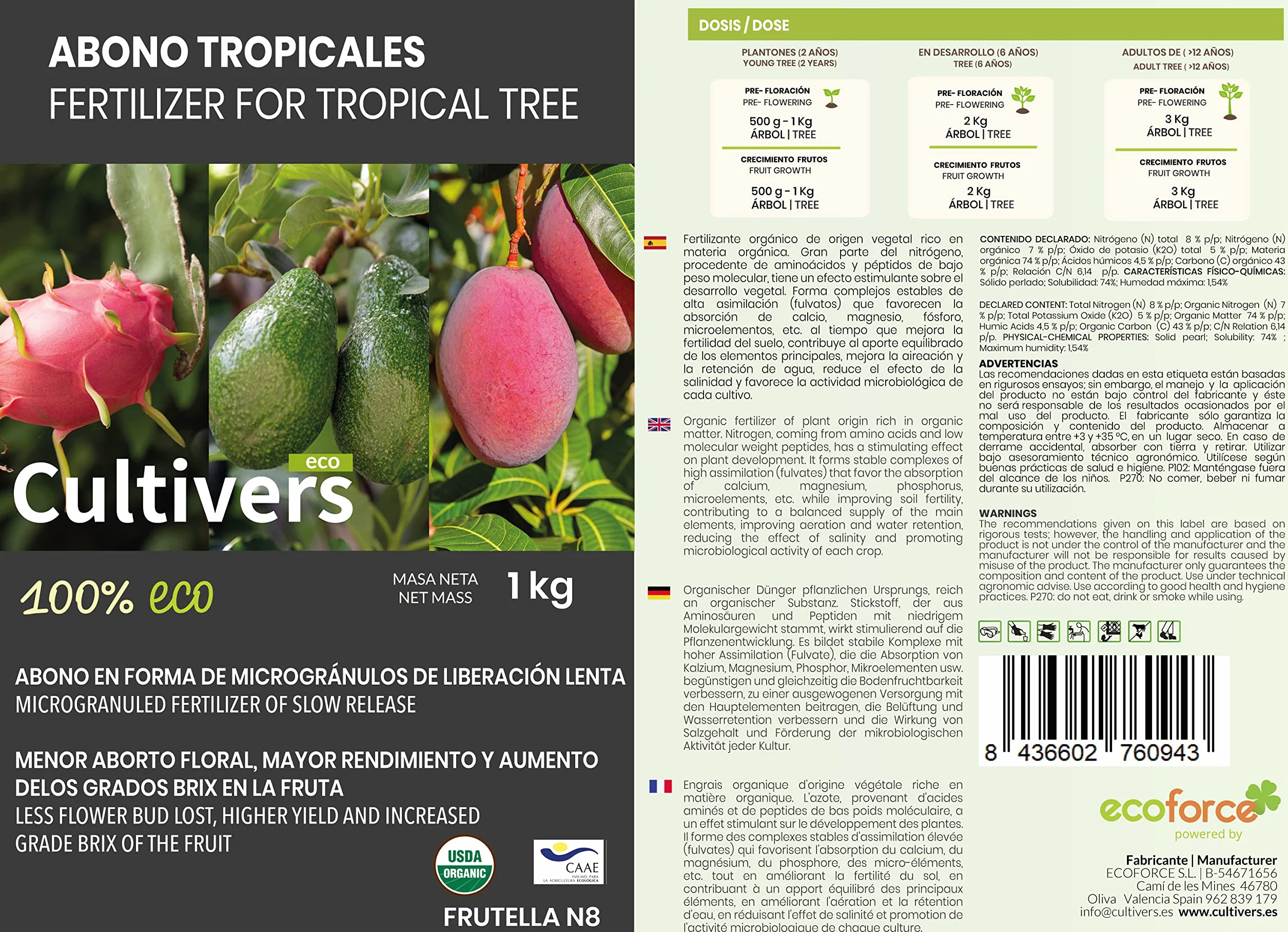 CULTIVERS Abono árboles Tropicales Ecológico 1 kg Fertilizante