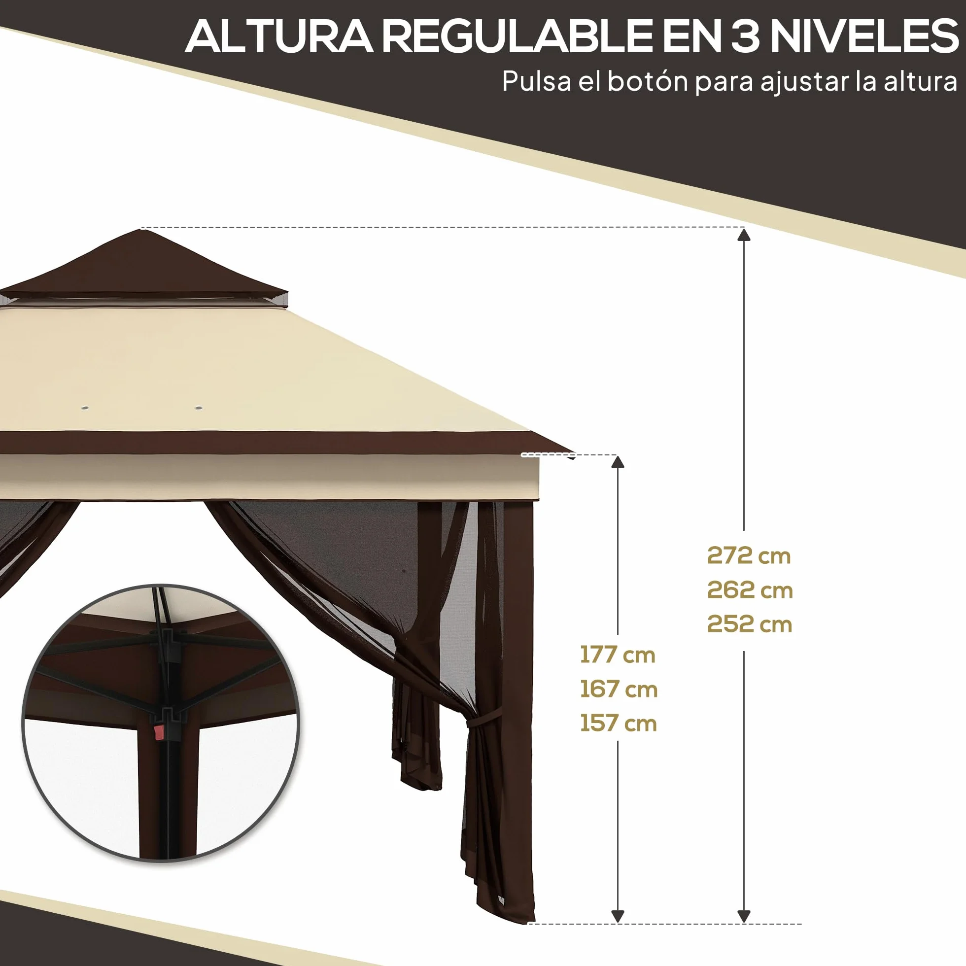Outsunny Carpa Plegable 3x3x2,7 m Cenador de Jardín con Doble Techo Altura Ajustable 4 Mosquiteras Protección UV30+ Impermeable y Bolsa Gazebo para Exterior Fiestas Camping Beige y Café