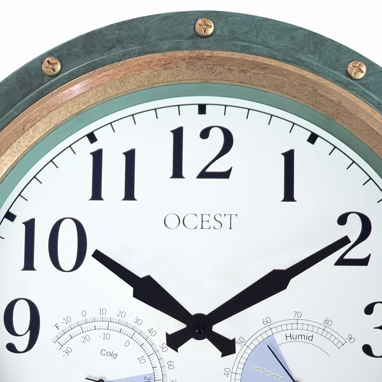 OCEST Reloj de pared impermeable 16 pulgadas termómetro higrómetro silencioso sin tictac funciona con pilas decoración hogar patio verde retro