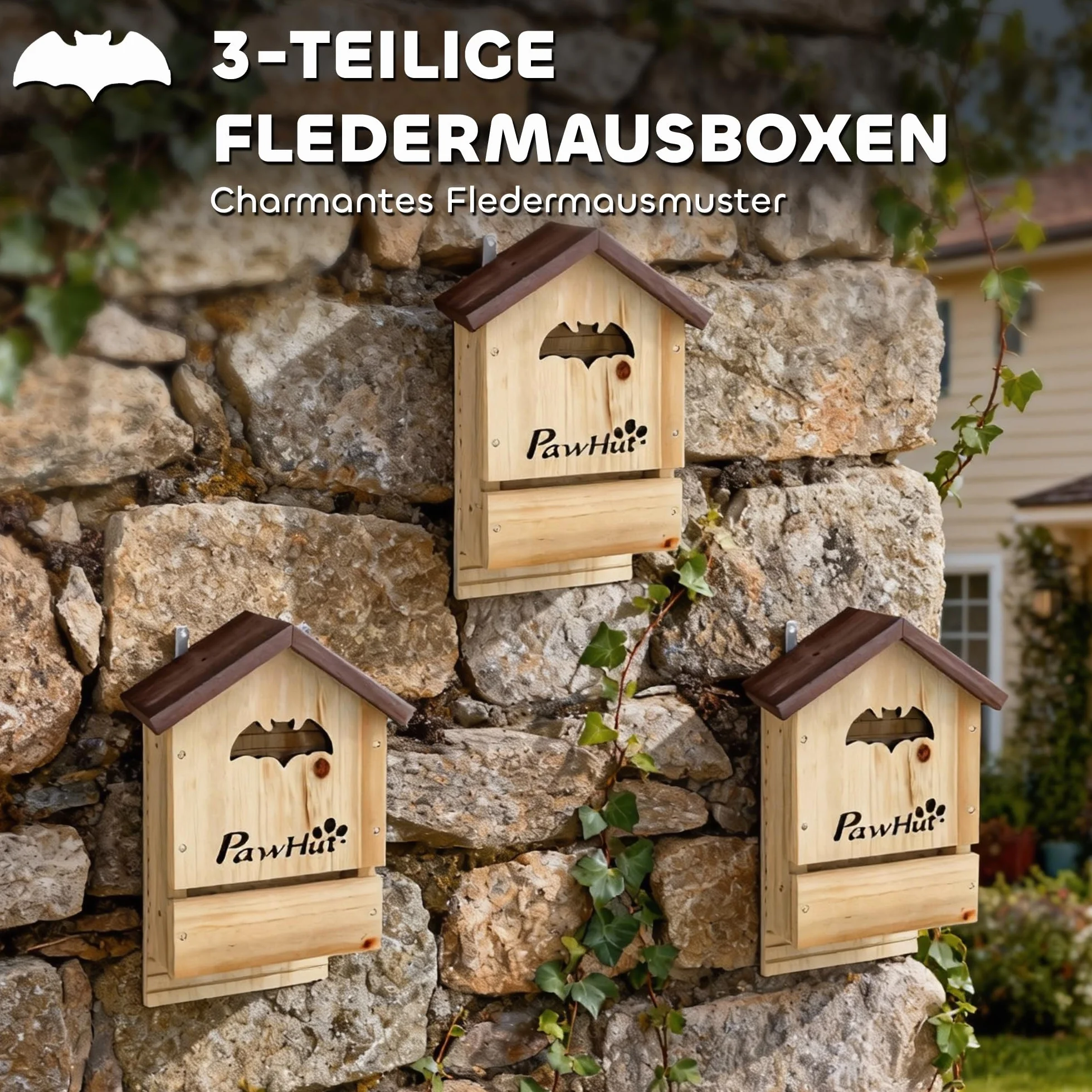 PawHut Caja de murciélagos 3 piezas de madera de abeto, casa de murciélagos para colgar en jardines, huertos, granjas 21,5 x 11,5 x 34 cm