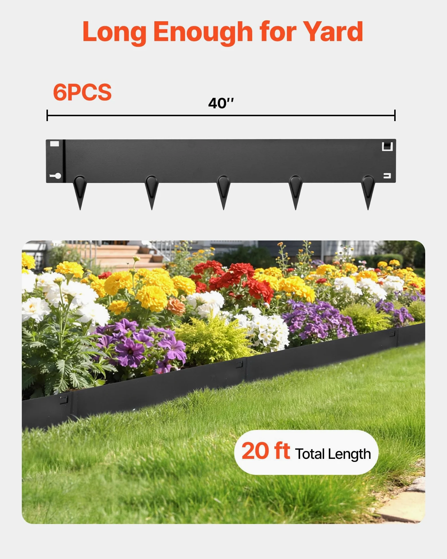 VEVOR Borde de Césped de Acero Galvanizado, 1016 x 207 mm, sin Placas de Conexión, 6 Piezas de Borde, Delimitador Exterior de Metal, Bordura de Jardín con Guantes para Senderos Paisajismo Parterres
