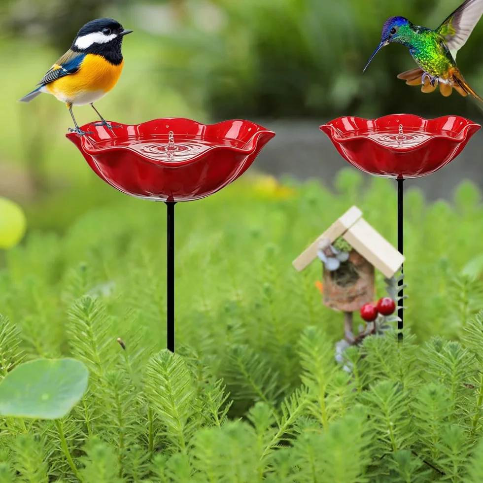 Bebedero para Pájaros de Pie, Baño para Pájaros Exterior, Comedero Forma de Flor, Metal para Jardín (Rojo)