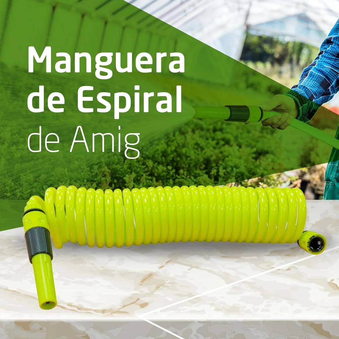 Manguera en Espiral 7,5 m Polipropileno Verde Pistacho con Lanza de Riego