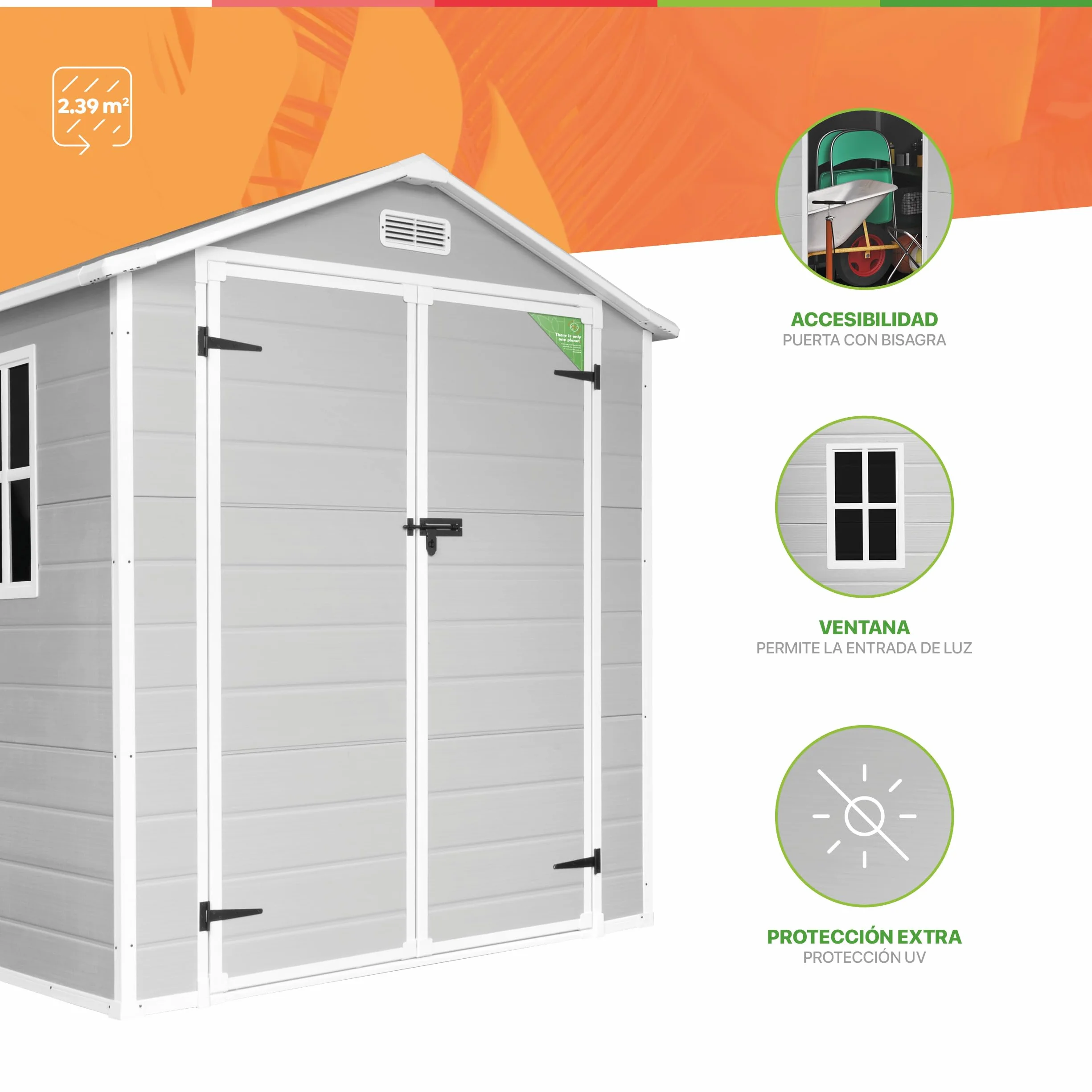 Caseta Jardín Resina Aqua 2.6 Ventana Luz Natural Suelo Incluido Paneles 12mm Gris Blanco Armario PVC Exterior 2,39m2 Techo Dos Aguas