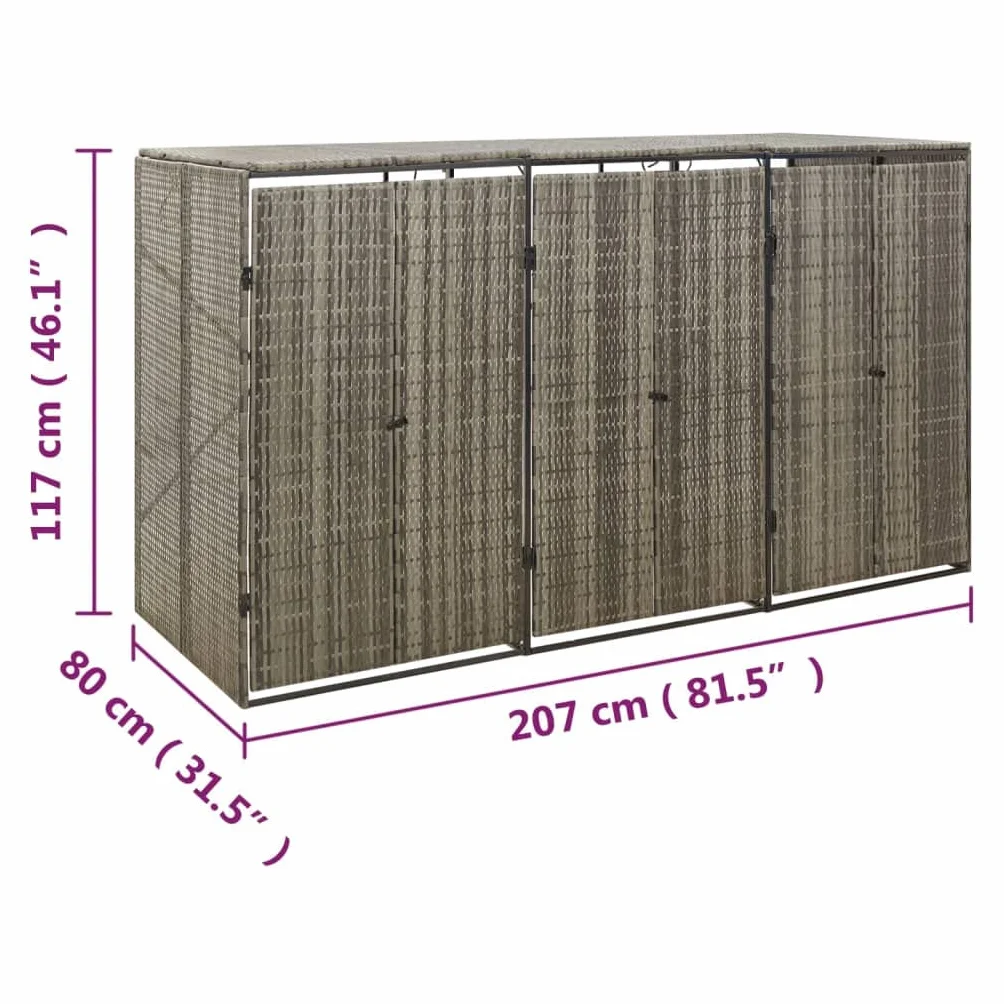 vidaXL Cobertizo Triple para Contenedores de Basura Ratán PE Gris 207x80x117 cm