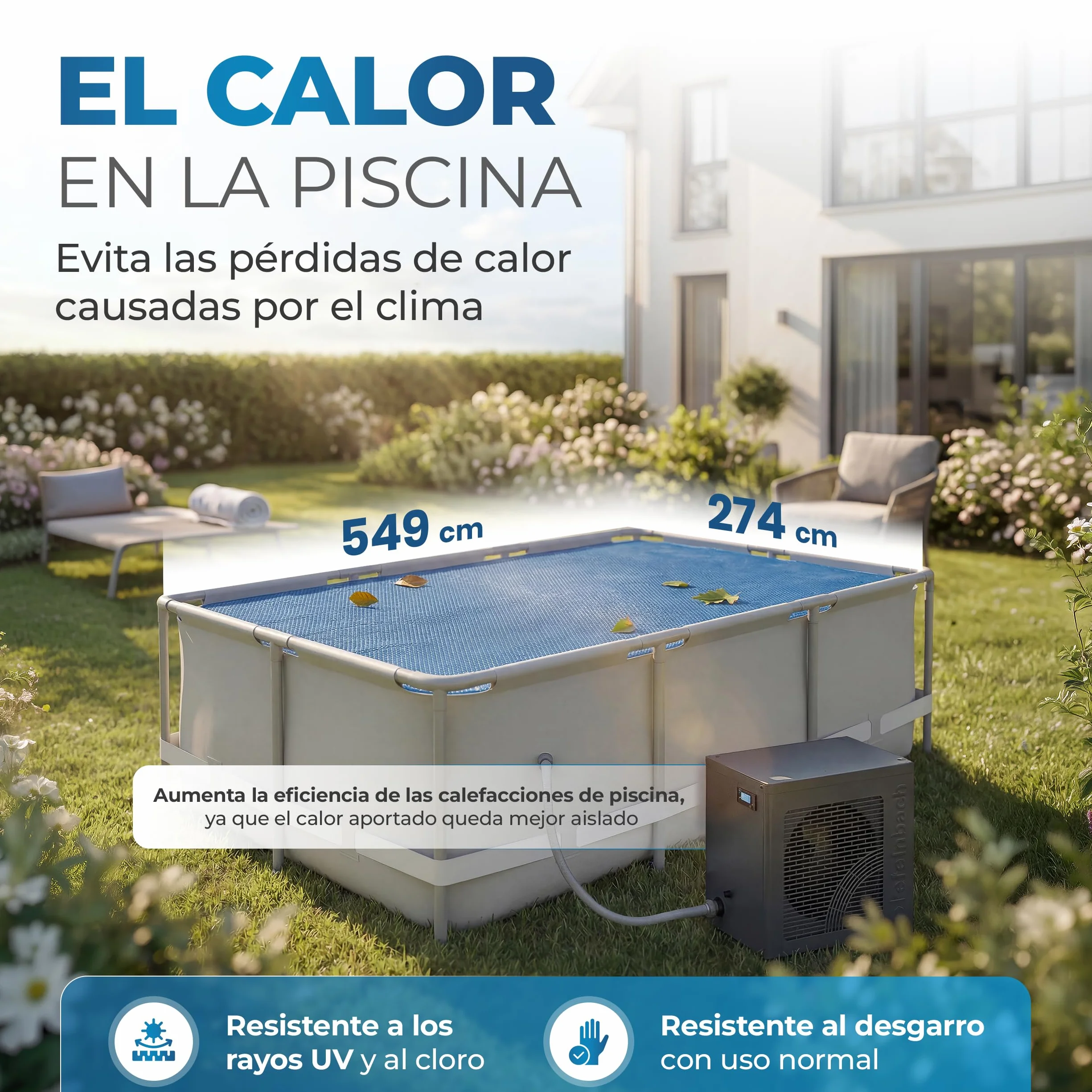 Miganeo Premium Lona solar para piscina 549 x 274 cm rectangular color negro azul recortable térmica