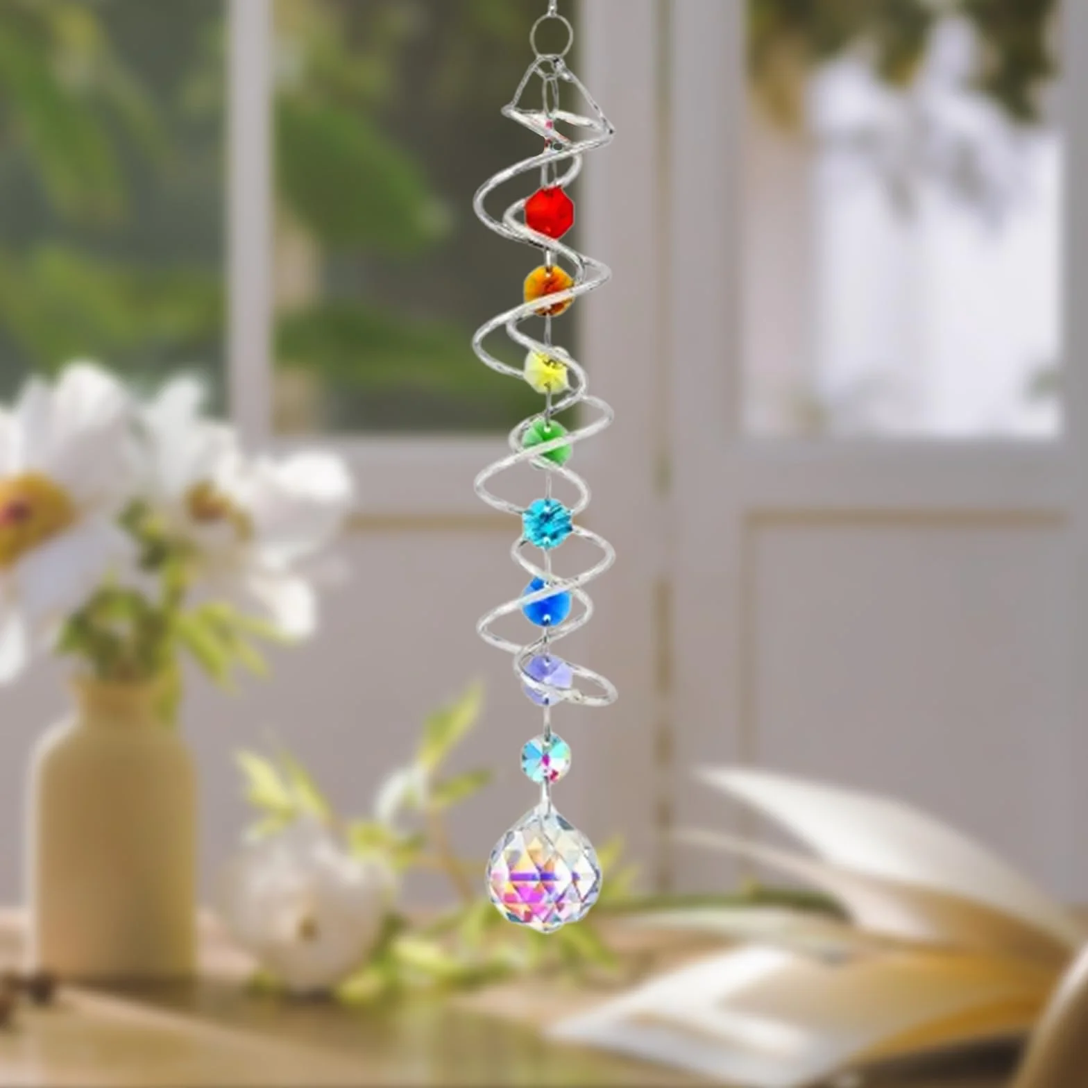 Atrapasol de Cristal 45 cm con Espiral Doble, Colgante Multicolor Carillón de Viento