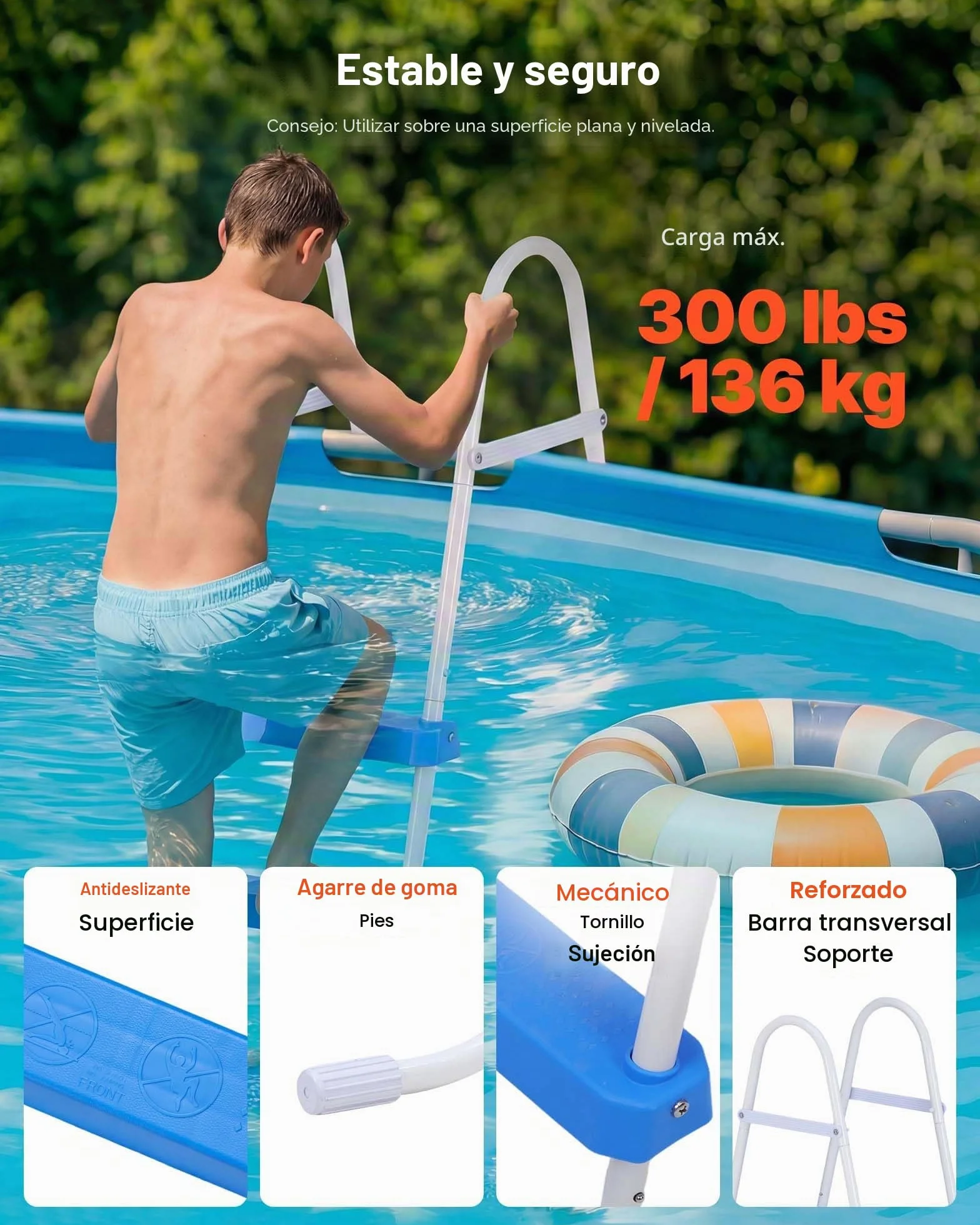 VEVOR Escalera para Piscina Desmontable 3 Peldaños 136 kg Acero al Carbono Antideslizante Pasamanos Ergonómicos