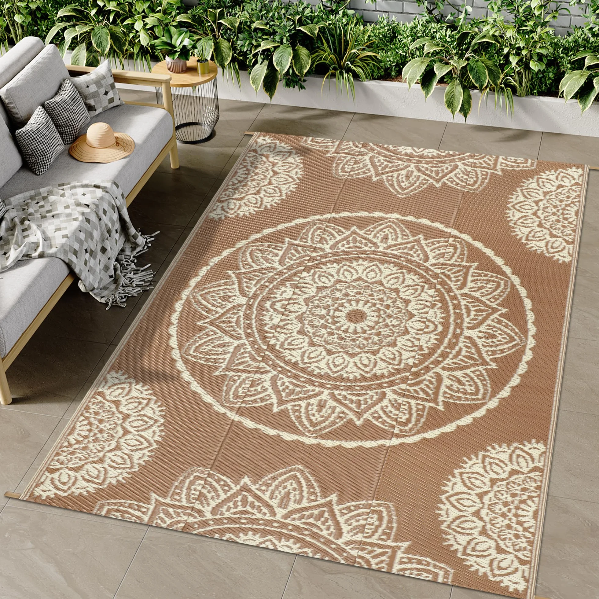 Famibay Alfombra Exterior Terraza 150x245cm Impermeable UV Reversible Beige Marrón