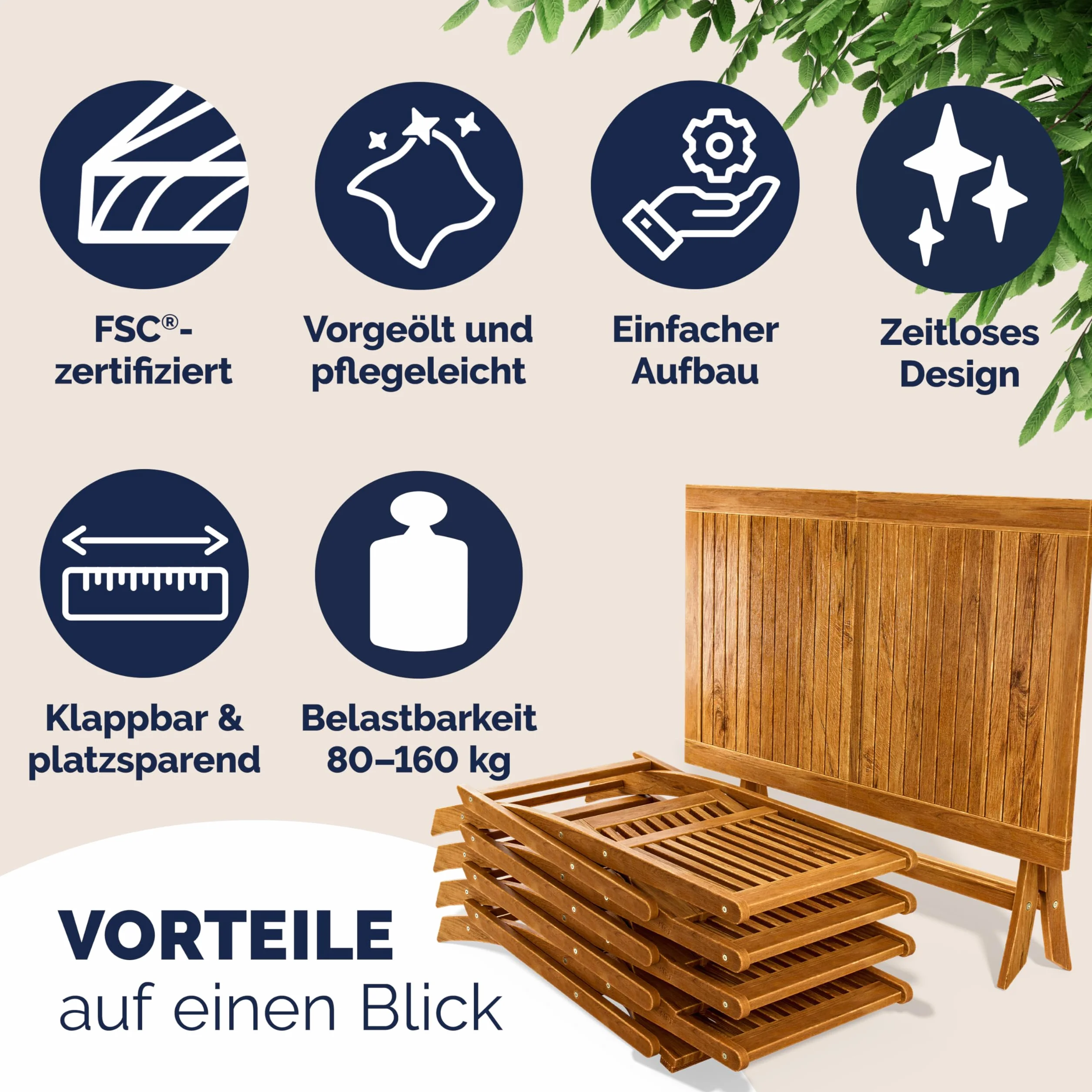 CASARIA® Juego de Muebles de Jardín 5 Piezas Mesa Extra Estable con Refuerzo Madera Acacia FSC® 4 Sillas Plegable Exterior