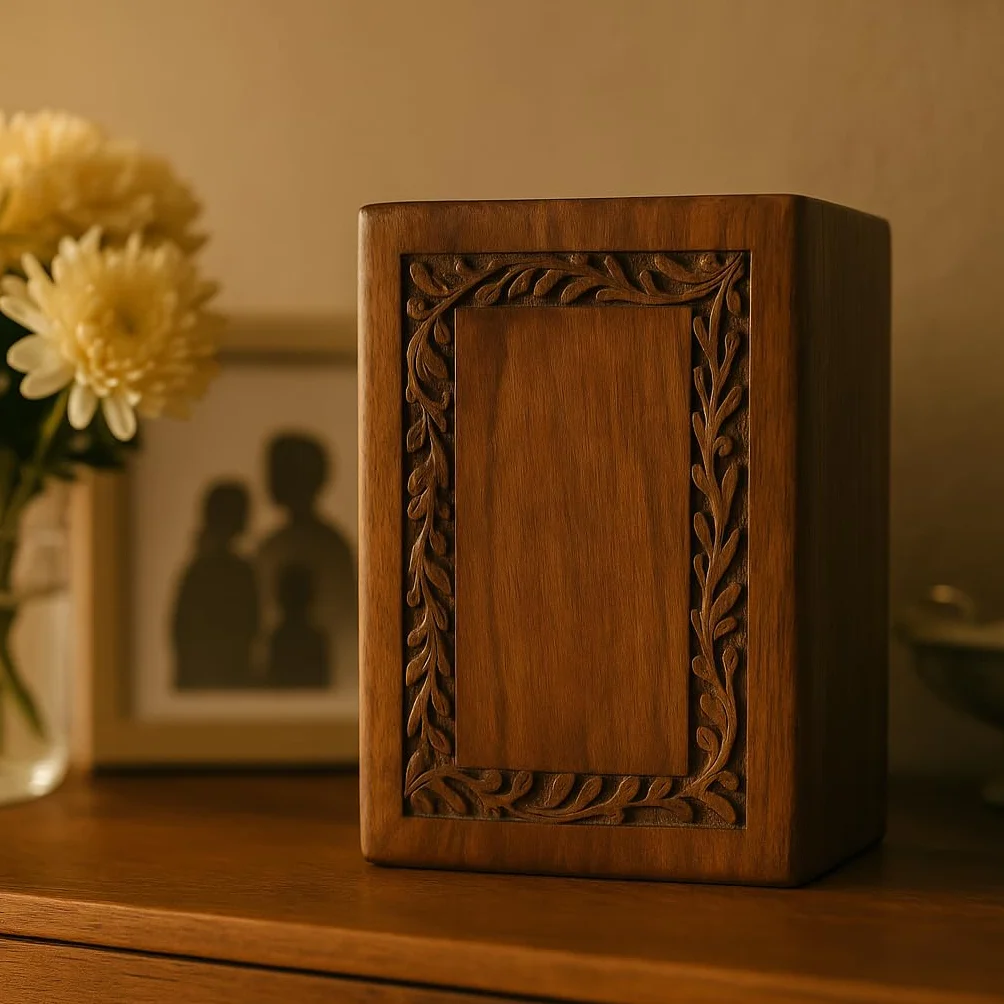 Urna de madera de palisandro hecha a mano para cenizas humanas para adultos, capacidad de 200 pulgadas cúbicas, urna funeraria con borde grabado para cenizas, caja de recuerdo conmemorativa