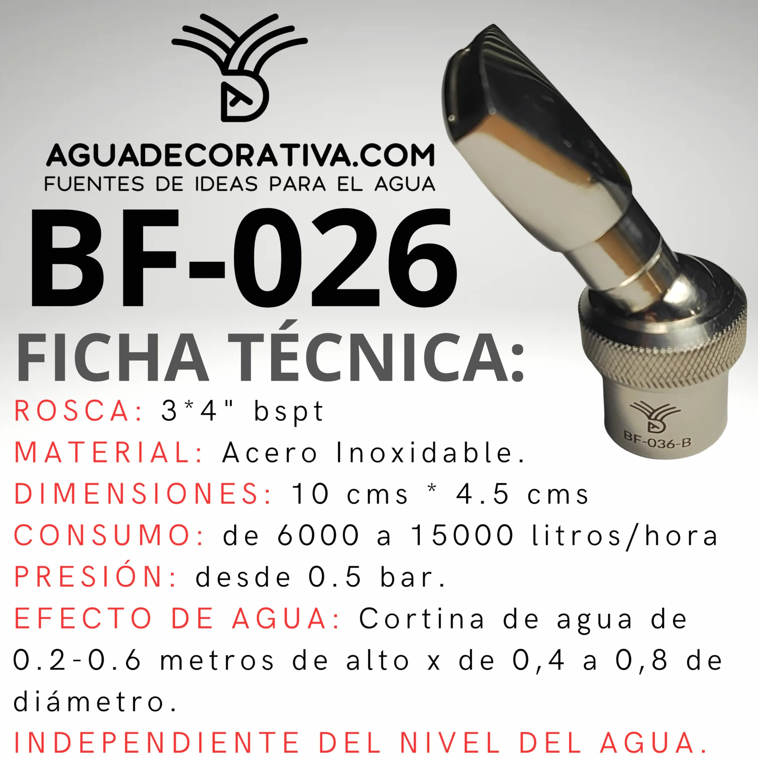 Toberas para Fuentes de Jardín Cola de Caballo 3/4" Rótula Acero Inoxidable Boquilla Cortina Agua