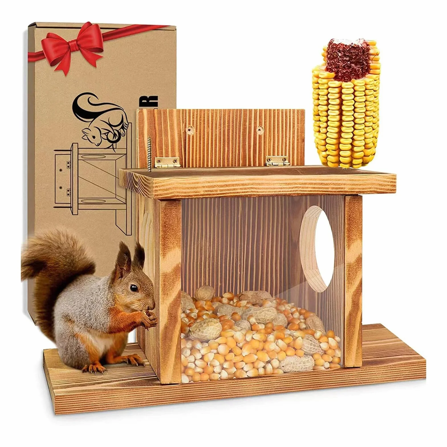 Comedero para ardillas con soporte para maíz, alimentador de vida silvestre, decoración de jardín, marrón claro