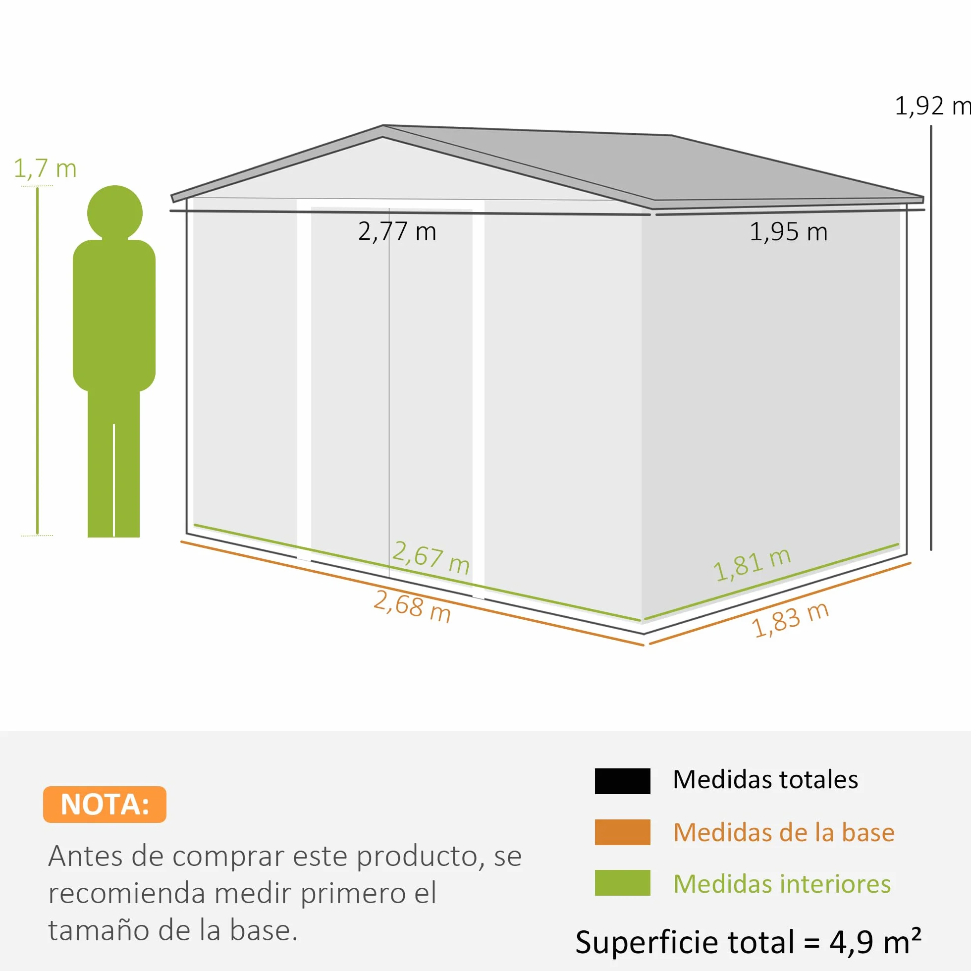 Outsunny Caseta de Jardín Exterior 4,9 m², 277x195x192 cm, Cobertizo Metálico con Puerta Corredera y Ventilación