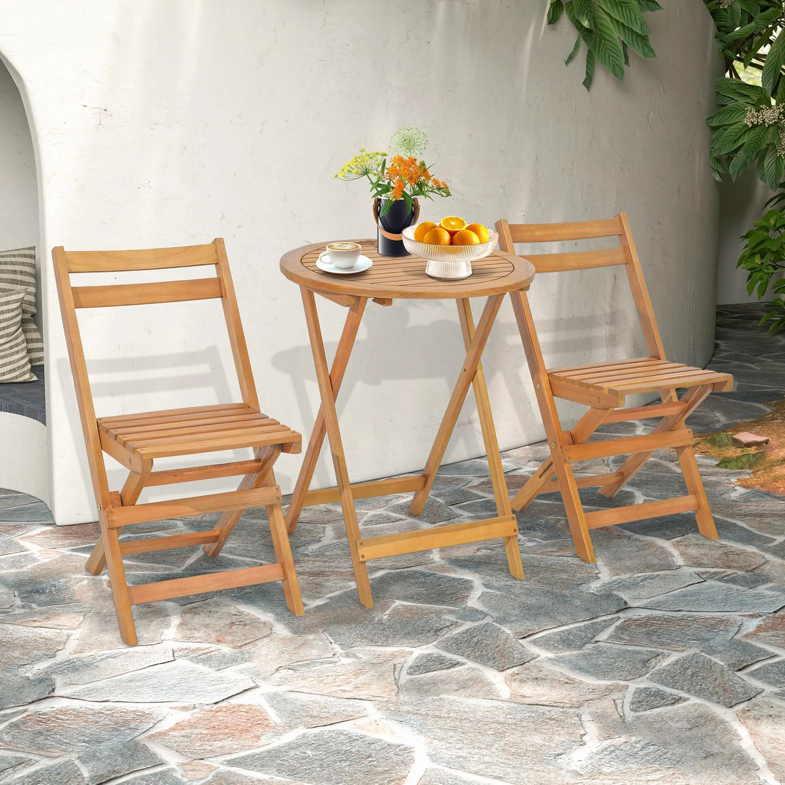 COSTWAY Conjunto Mesa y Sillas Jardin, Mesa Redonda y 2 Sillas Plegables de Madera de Acacia para Exterior