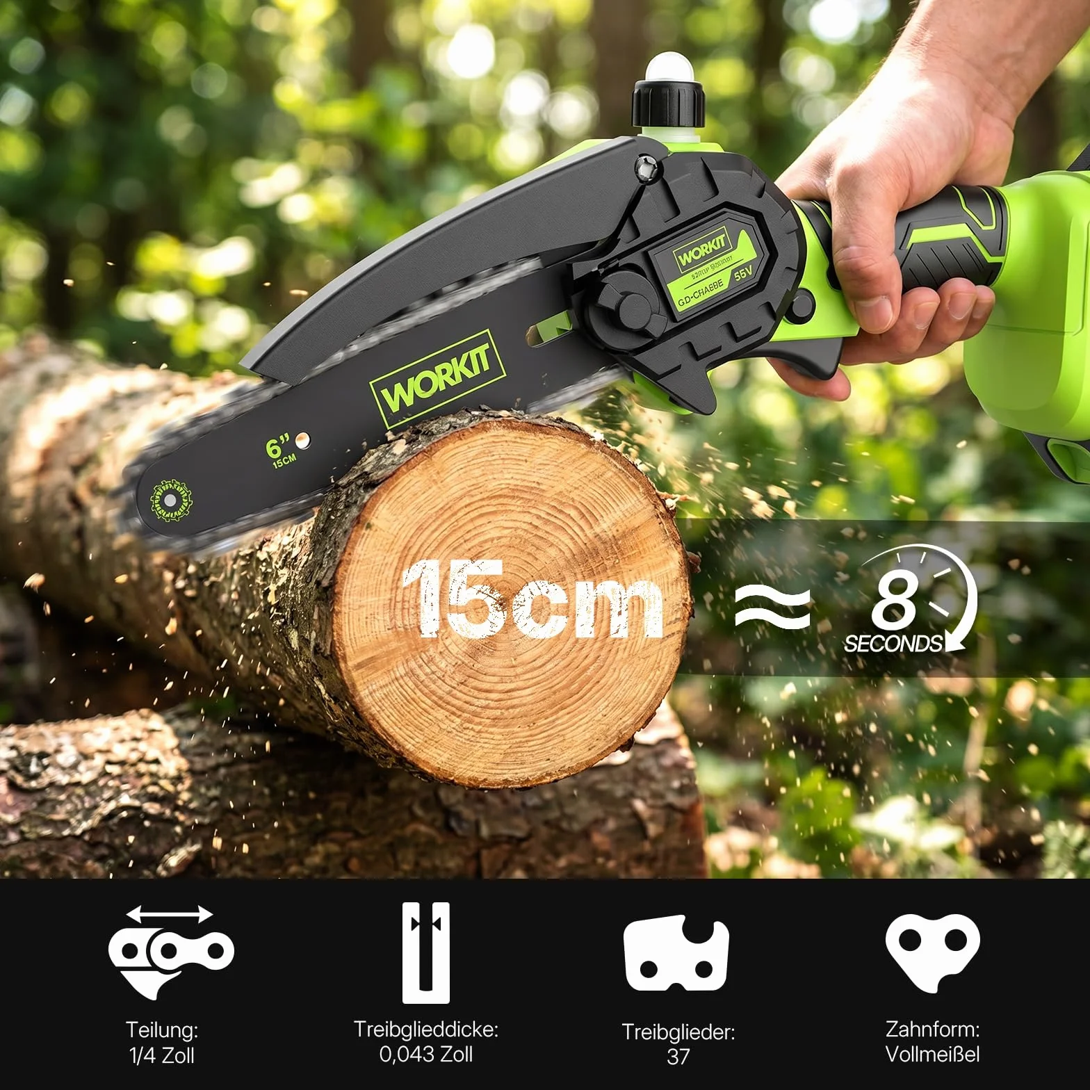 WORKIT Mini motosierra de 20 V con batería, batería sin escobillas, motosierra y batería de 15 cm, sierra de podar con batería y una sola mano, incluye 2 baterías de 2,0 Ah y engrasador automático