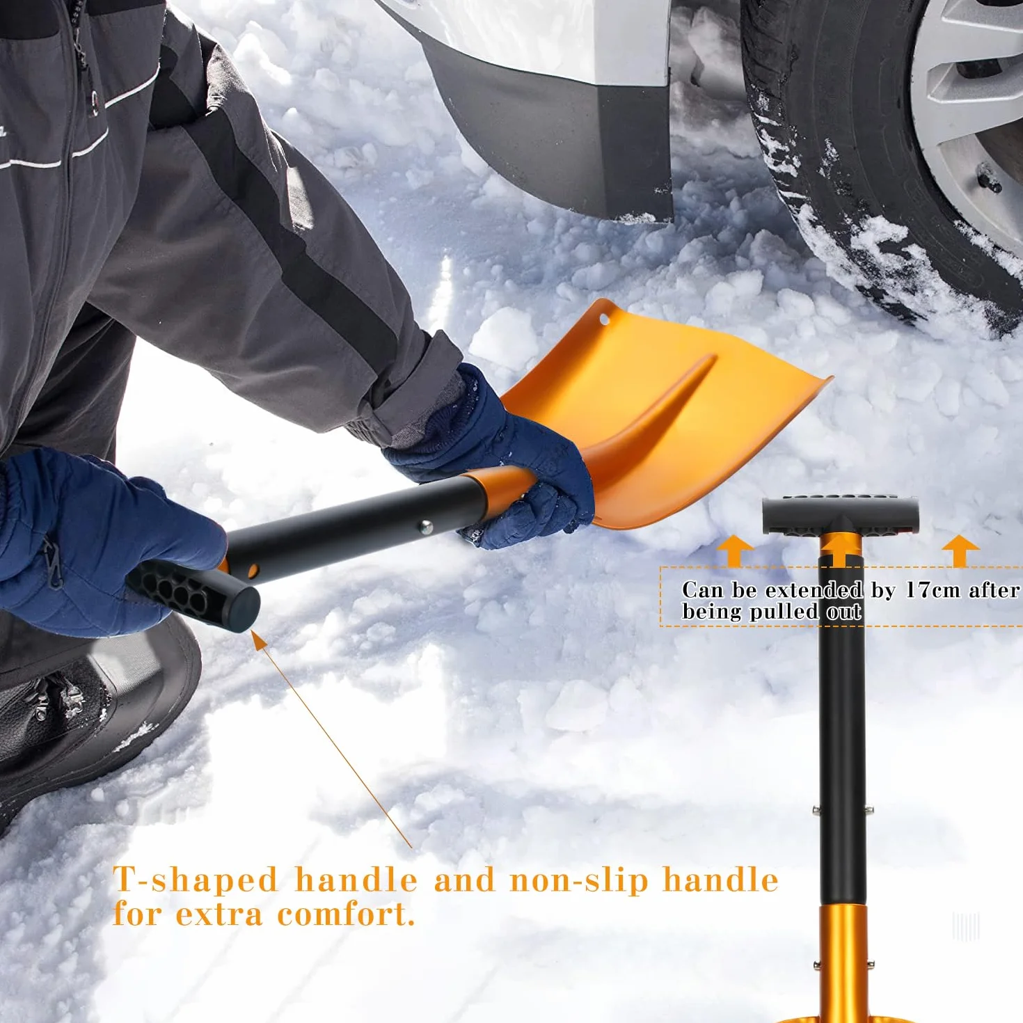 Pala de nieve plegable 4 en 1 de aluminio, 40 x 30 cm, desmontable con bolsa para emergencias