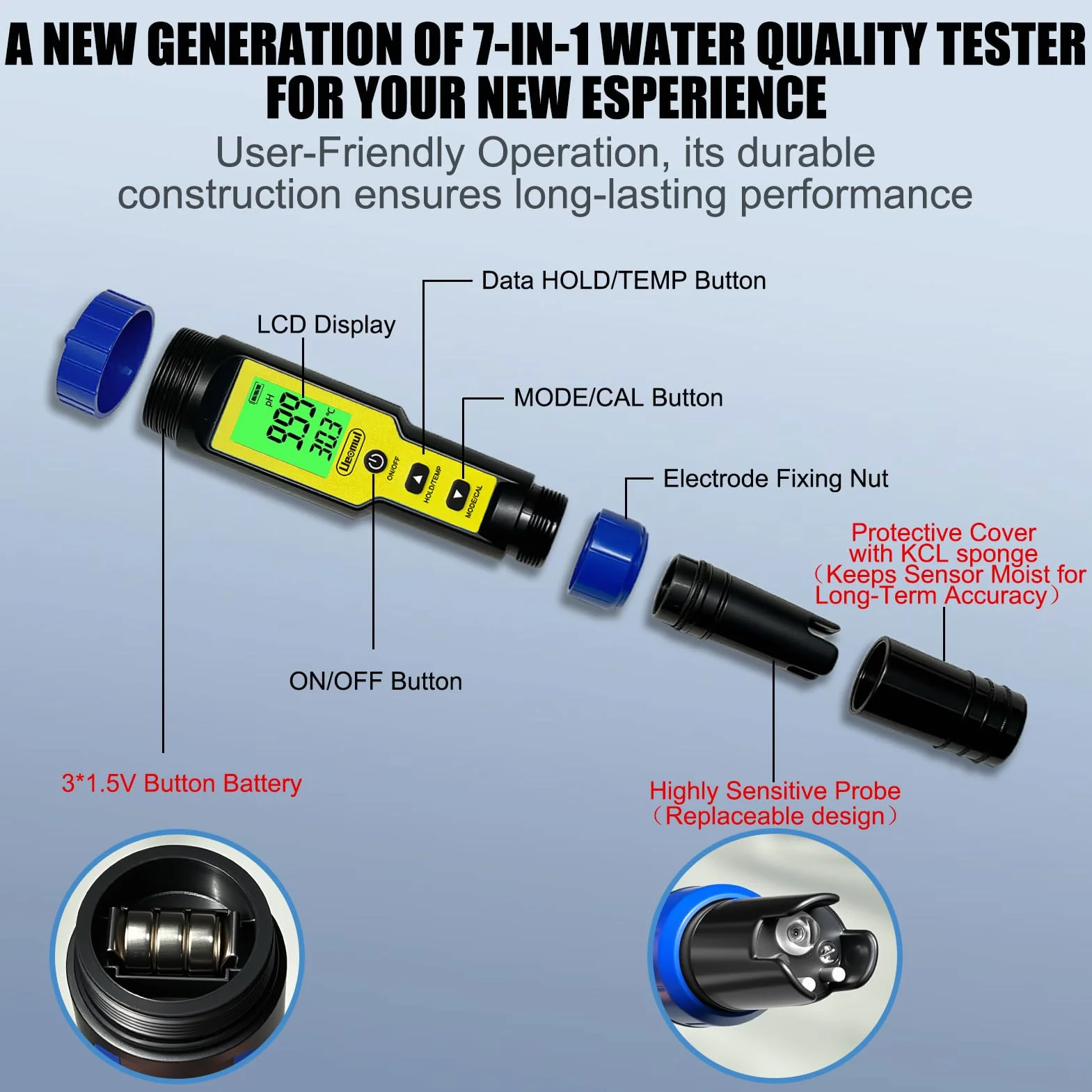 Medidor Cloro y pH Piscinas 7 EN 1, Tester pH Cloro (FAC） TDS EC SALT ORP y TEMP con ATC, Analizador Agua Impermeable IP67, profesional pH Meter para agua potable, hidroponía y spa