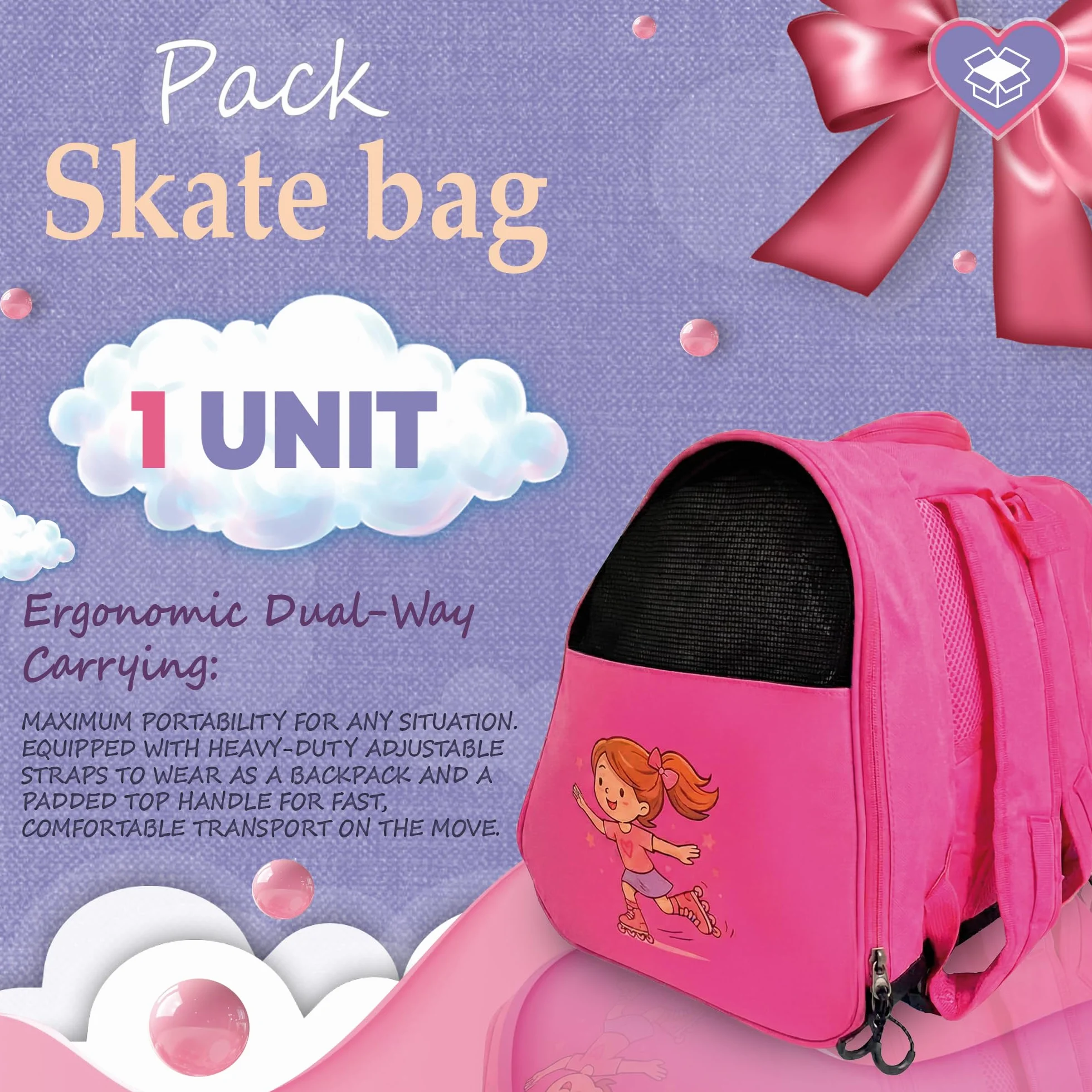 Bolsa para Patines para Niños Rosa Correa Ajustable Acolchada Mochila Patines Capacidad Accesorios Material Resistente Ligero