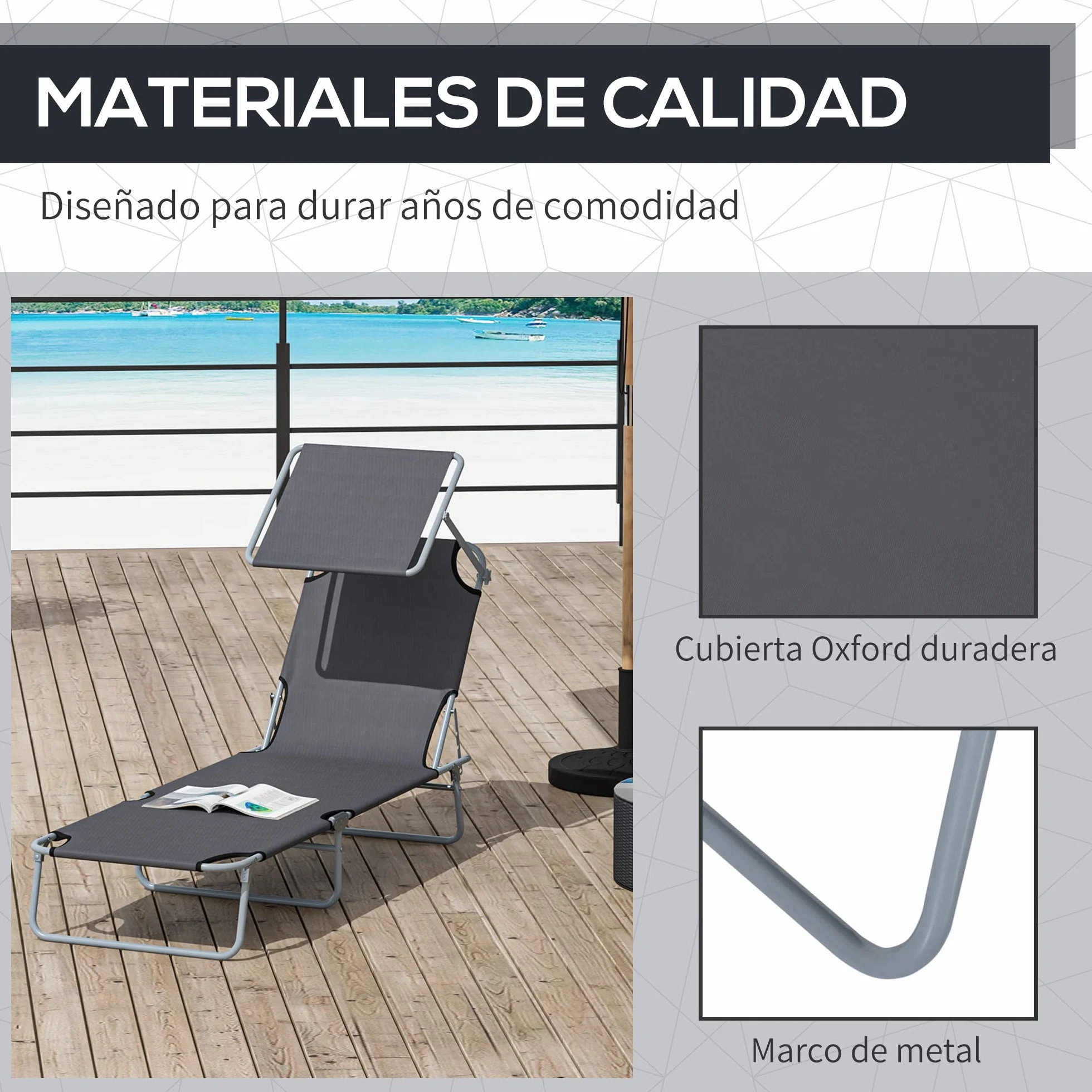 Outsunny Tumbona Plegable Jardín Exterior Reclinable con Toldo Desmontable Respaldo Ajustable 4 Niveles 187x58x36 cm Gris