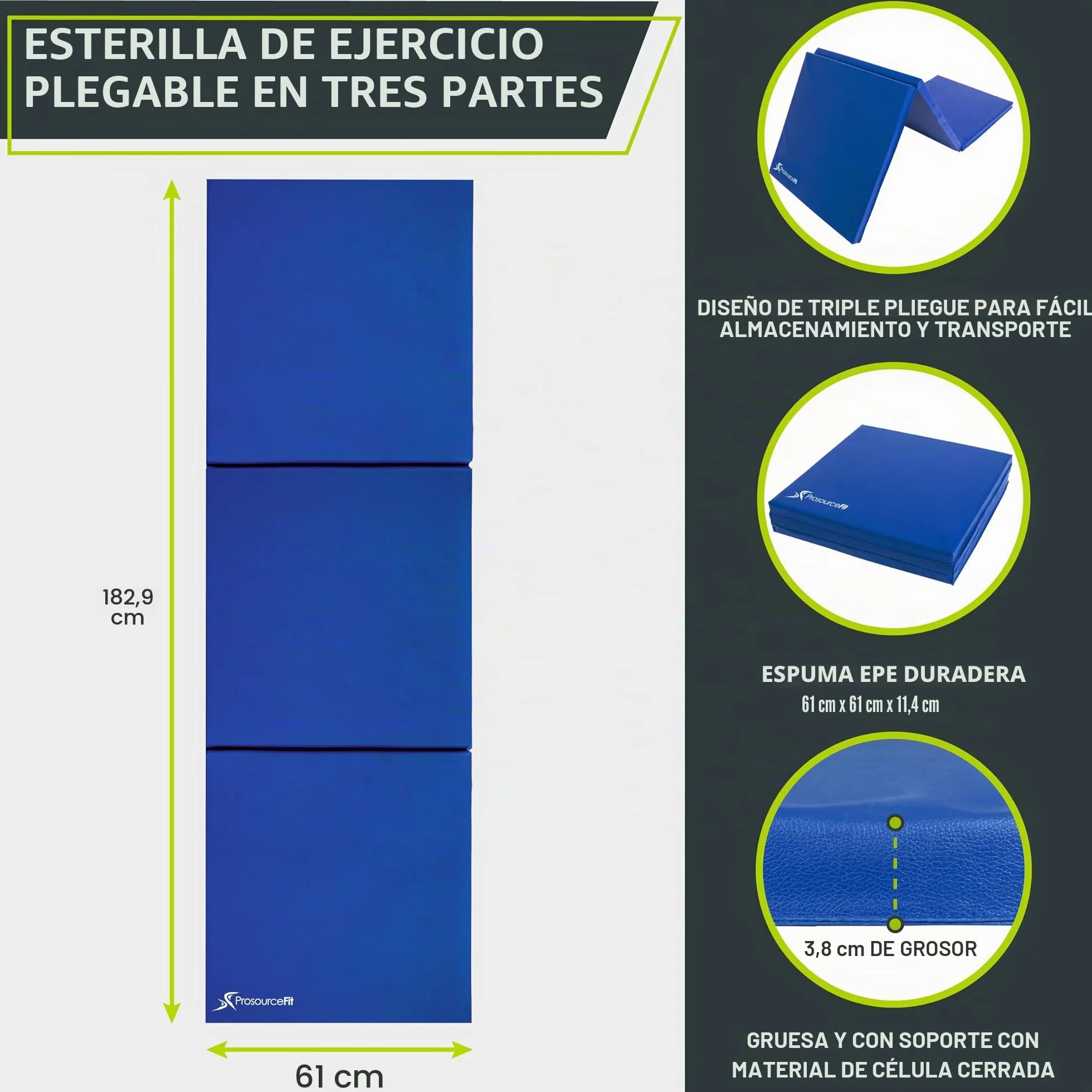 ProsourceFit Tri-Fold Folding Thick Exercise Mat 6'x2' with Carrying Handles for MMA Gymnastics