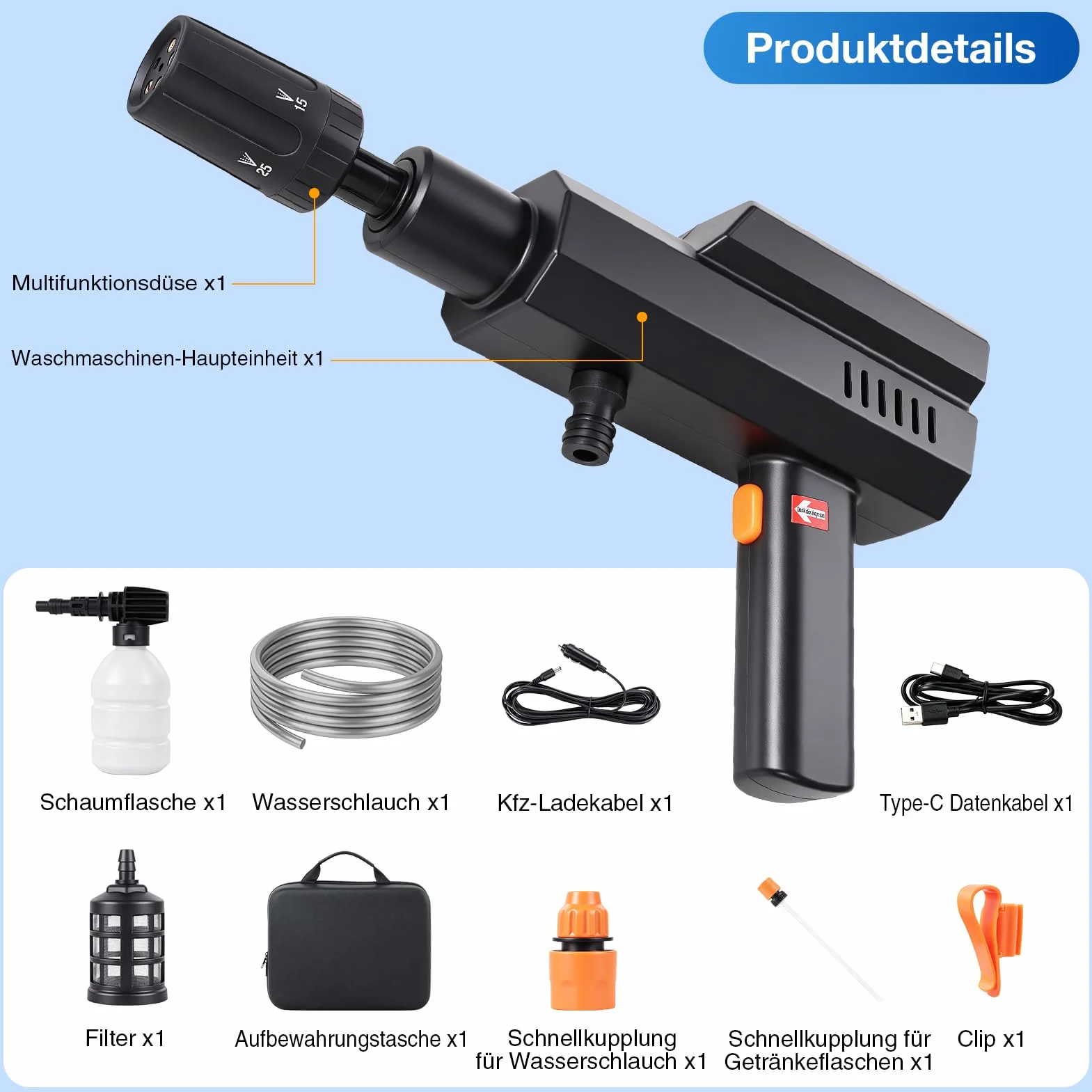 Hidrolimpiadora de Alta Presión, Hidrolimpiadora Inalámbrica 60 Bar/870PSI con 3 x 4000mah Baterías Recargables, Boquilla Hidrolimpiador de Bateria para Limpieza de Automóviles