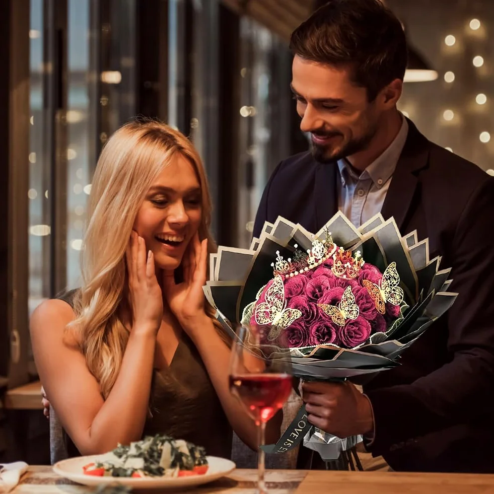Ramo de rosas con purpurina 24 unidades corona regalos bodas aniversarios cumpleaños Navidad San Valentín Rosa