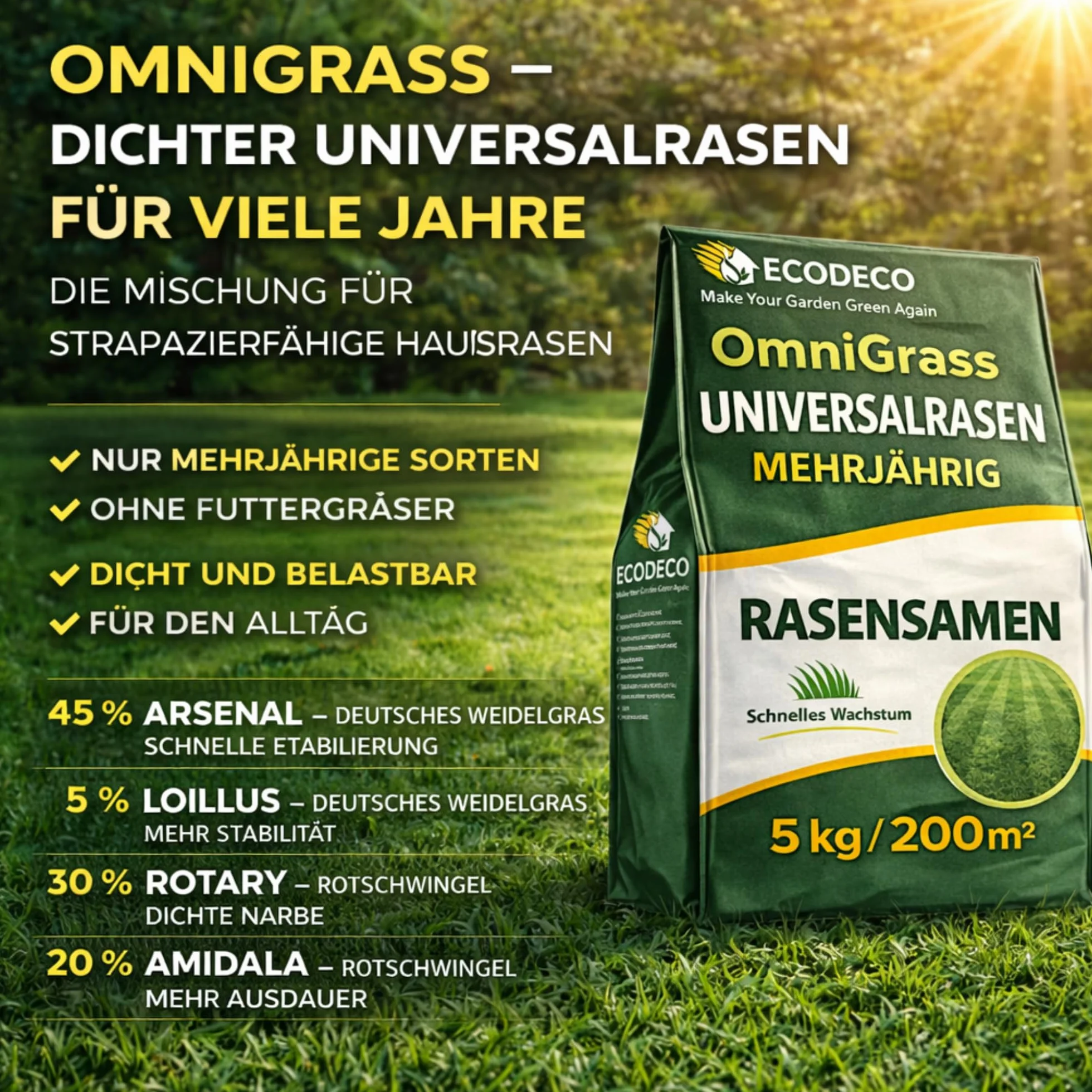 Semillas de Césped Universal 5 kg para 200 m² – Raigrás 50% Sombra, Regeneración Rápida