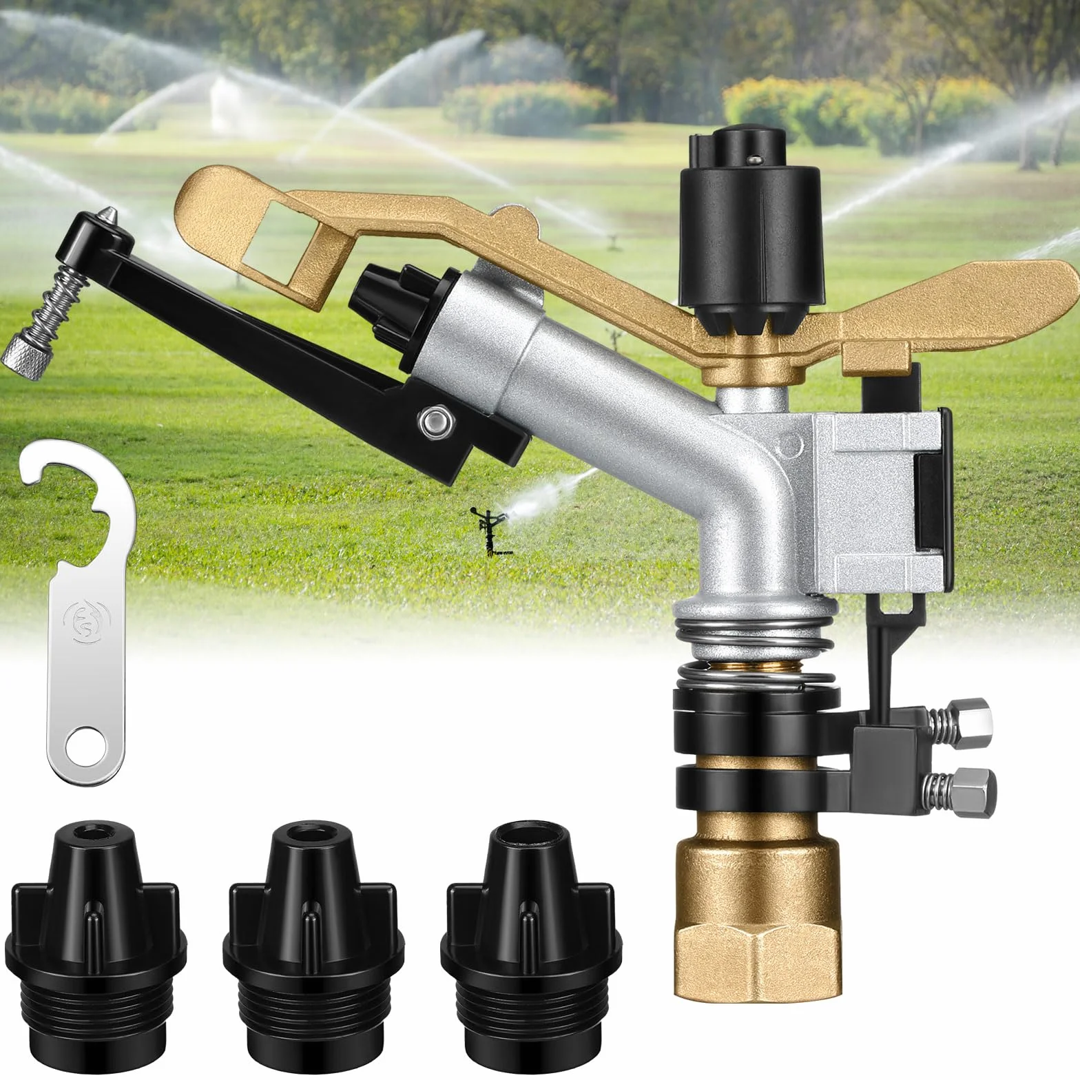 Maxcheck Aspersores de riego agrícola, pistola de impacto ajustable de 360° con juego de boquillas, pistola de riego de gran área para jardín, granja, césped (clásico, rosca hembra Npt de 1 pulgada)
