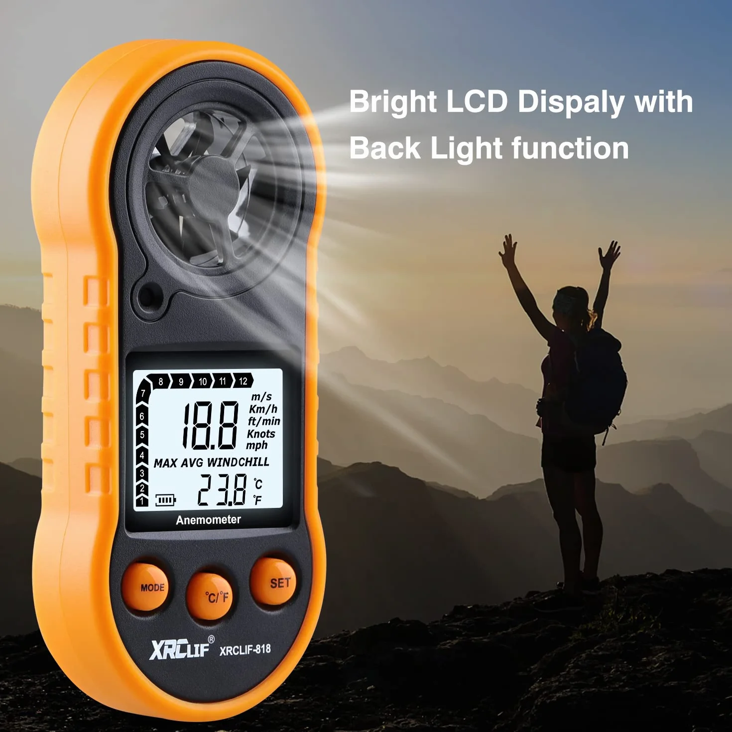 Anemómetro digital de mano, medidor de velocidad del viento, flujo de aire y temperatura