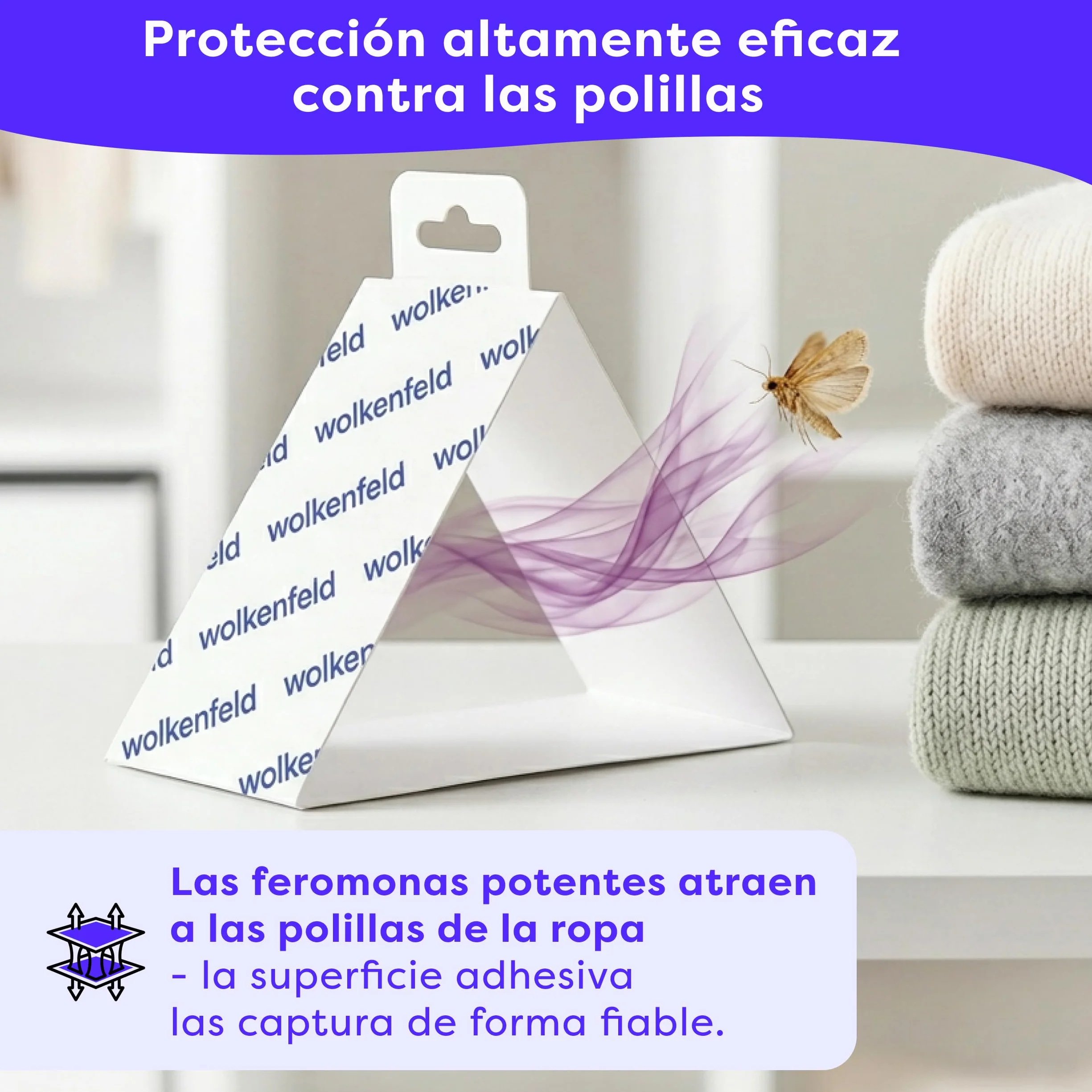 Wolkenfeld Antipolillas para Ropa Armario con Feromonas – 8 Trampas para Polillas de la Ropa, Lana y Cachemira, Fabricado en Alemania