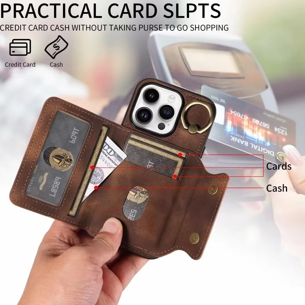 Funda para iPhone 13 con anillo, piel sintética, cartera con ranuras para tarjetas, soporte magnético, protección completa