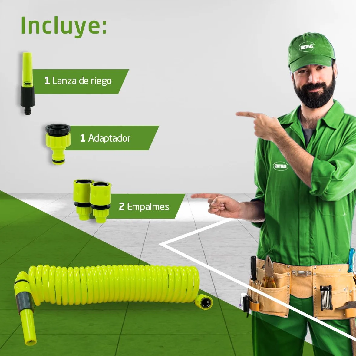 Manguera en Espiral 7,5 m Polipropileno Verde Pistacho con Lanza de Riego