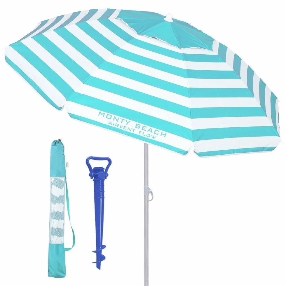 LOLAhome Sombrilla Playa 200 cm Protección UV+50 Antiviento Varillas Flexibles Techo Ventilación Mástil Inclinable Regulable Altura Bolsa Transporte