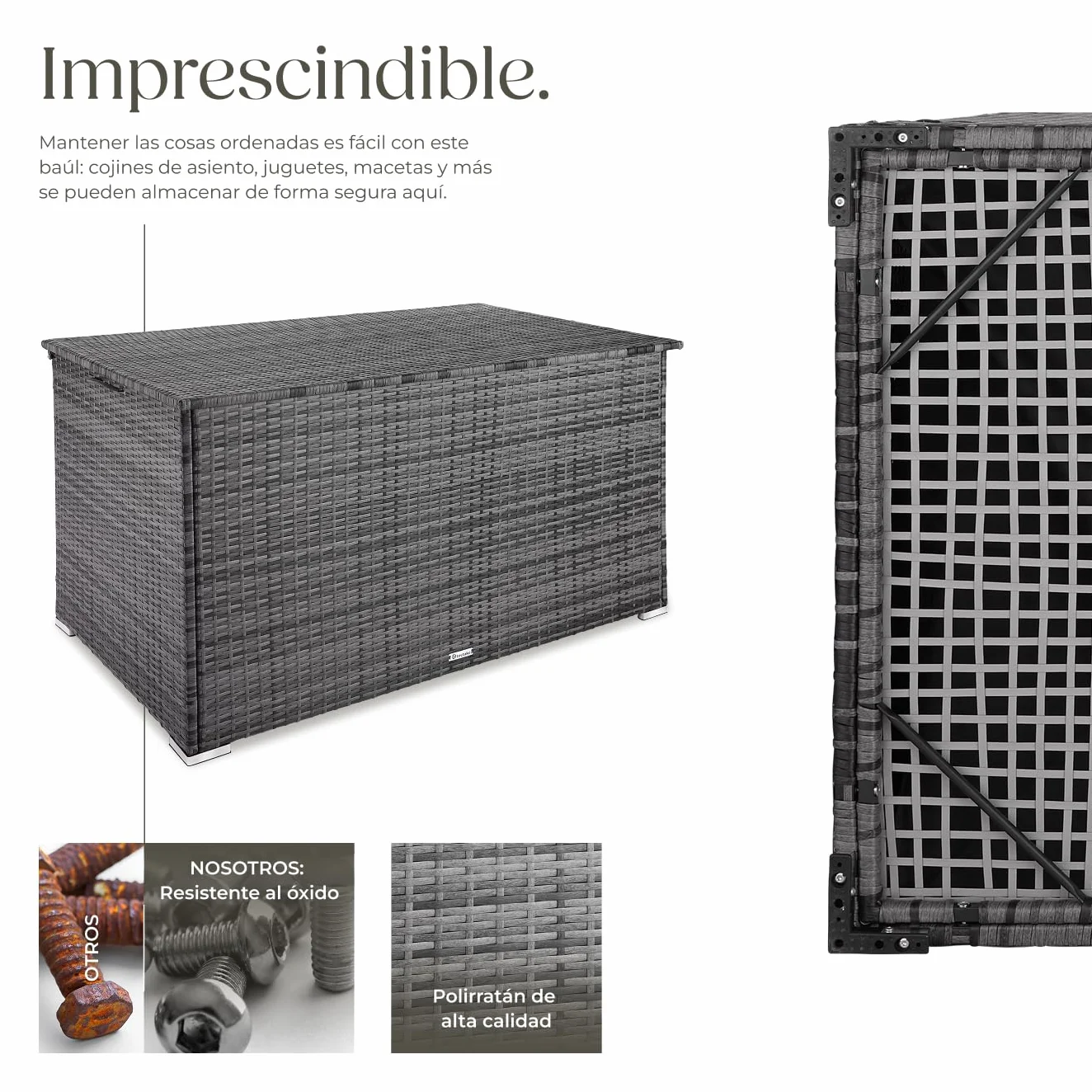 Tectake Baúl de Almacenaje Exterior 750 l, Arcón de Poli Ratán Resistente, Cofre para Jardín Terraza - Gris