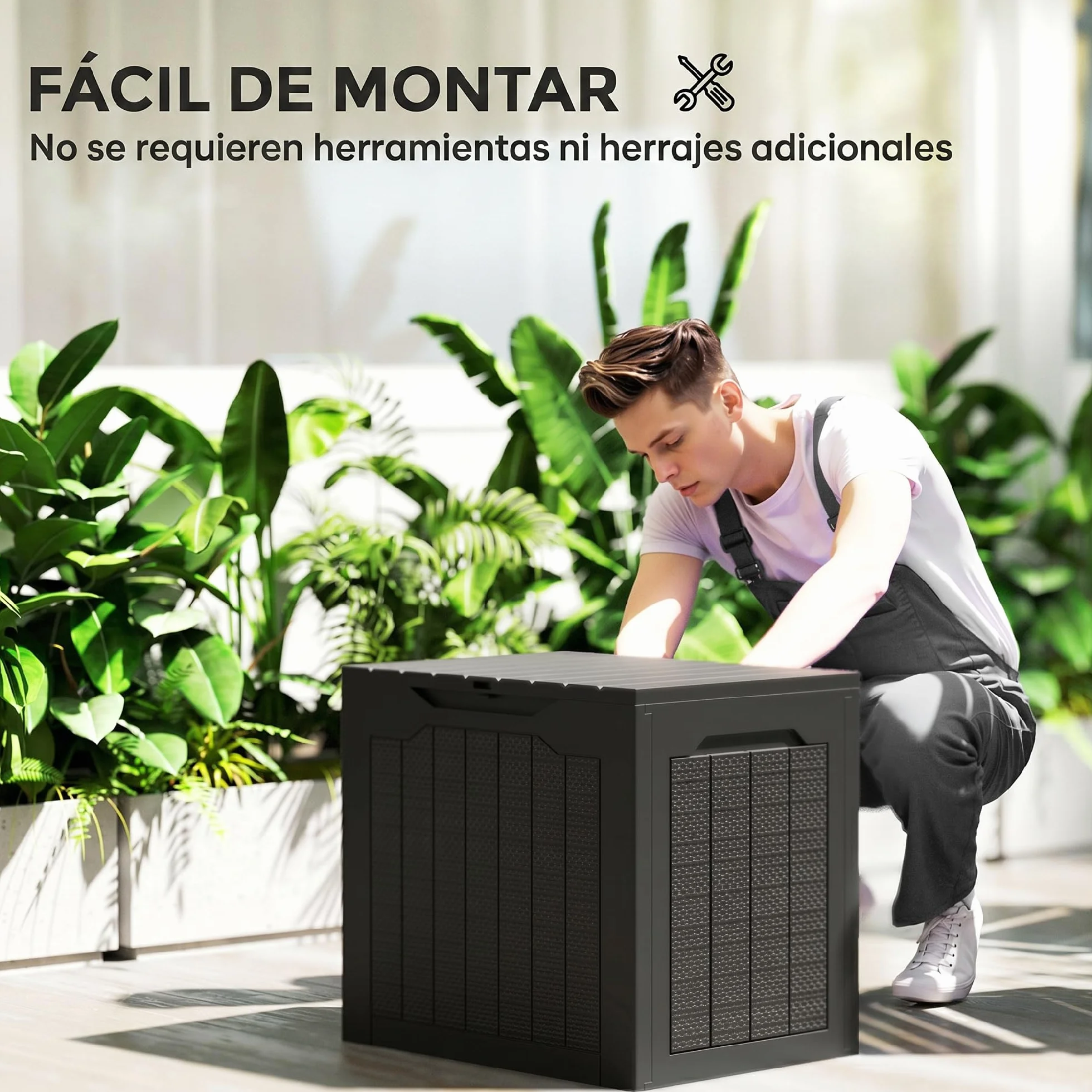 Outsunny Baúl de Almacenaje Exterior 93L Arcón de Jardín Plástico Impermeable 56x41x50 cm Negro