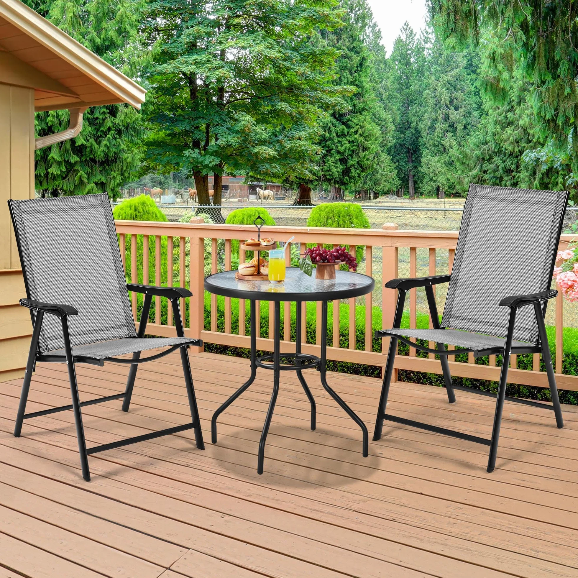 Yaheetech Conjunto Jardín Exterior 2 Personas 2 Sillas Plegables Mesa 70cm Diámetro Orificio Sombrilla