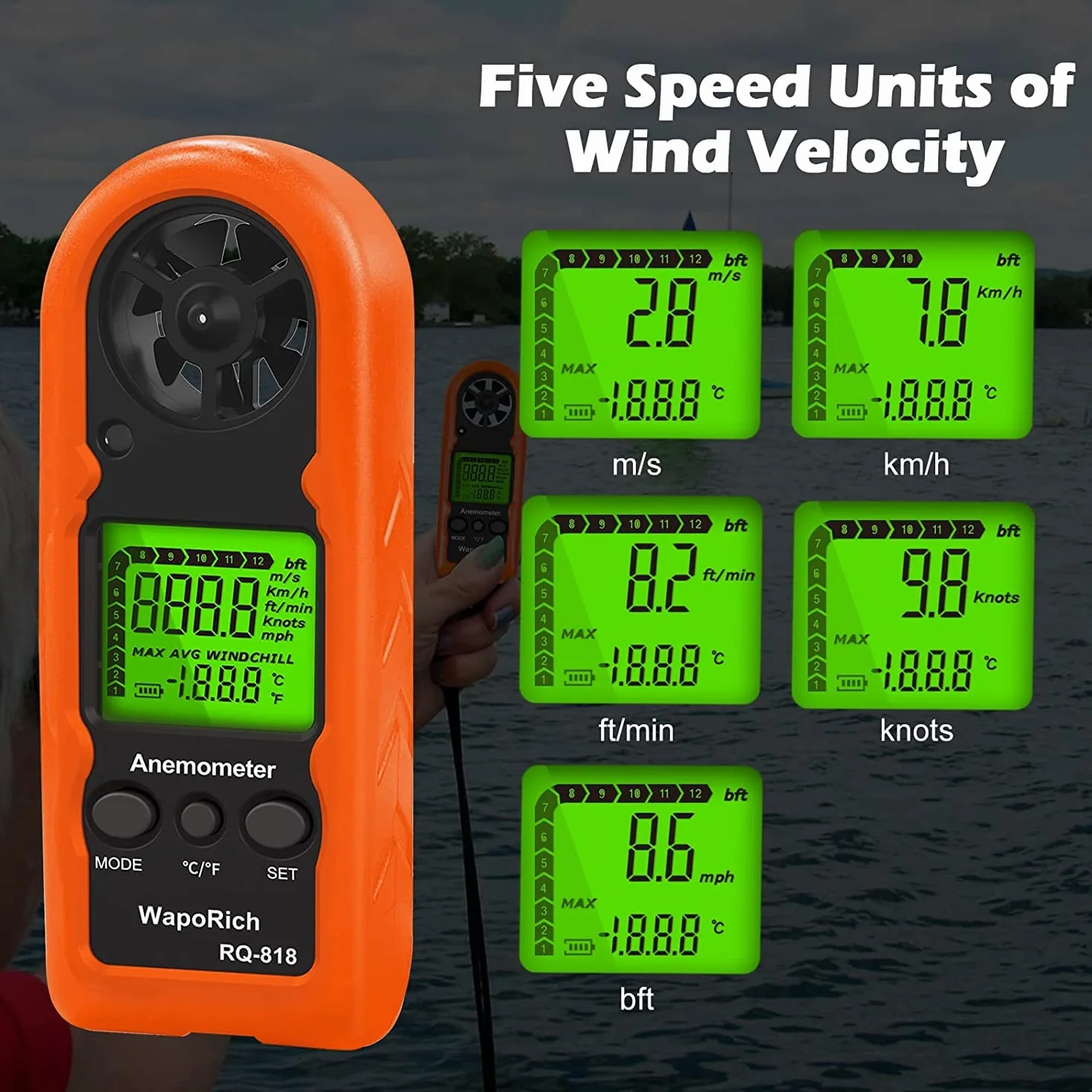 Anemómetro Mano RQ-818 Medidor Velocidad Viento Digital LCD Retroiluminada Temperatura Sensación Térmica Dron HVAC