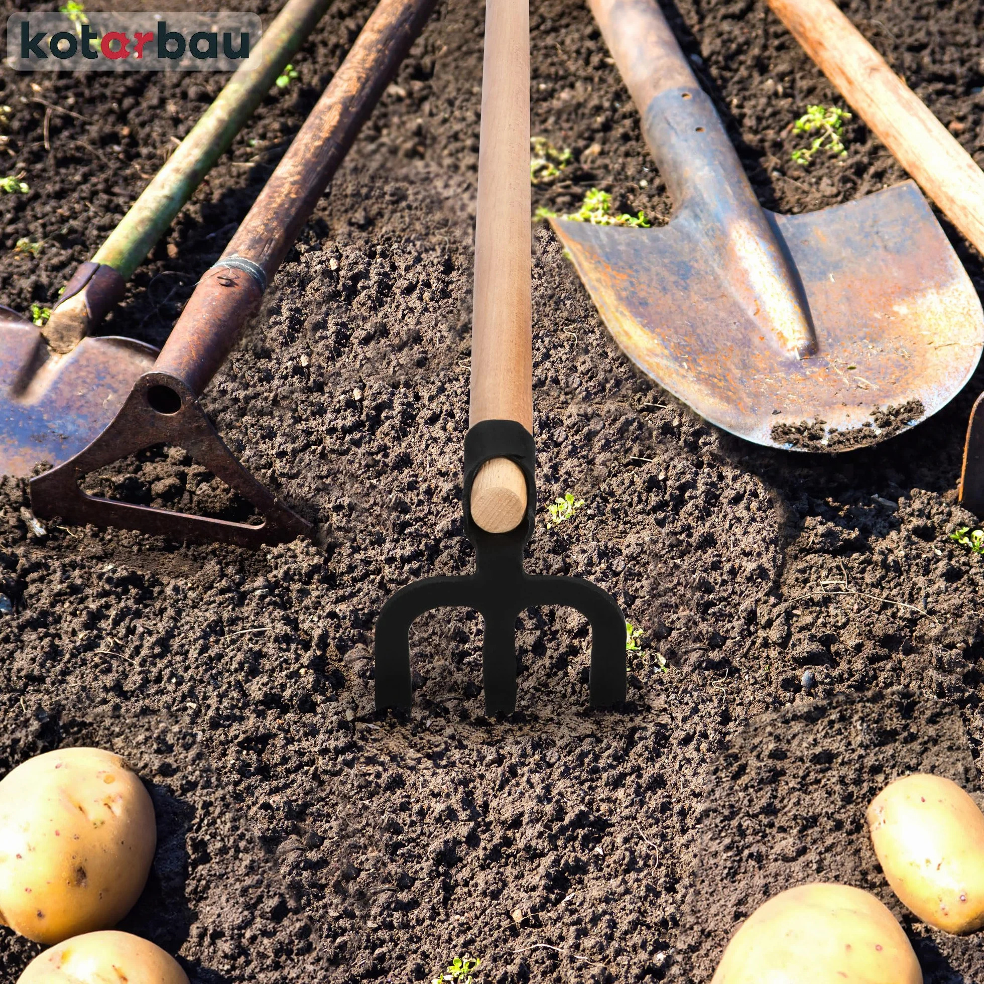 KOTARBAU Horca para cavar de 3 Dientes, Pala cosechadora de Patatas, Mango de Madera 110 cm