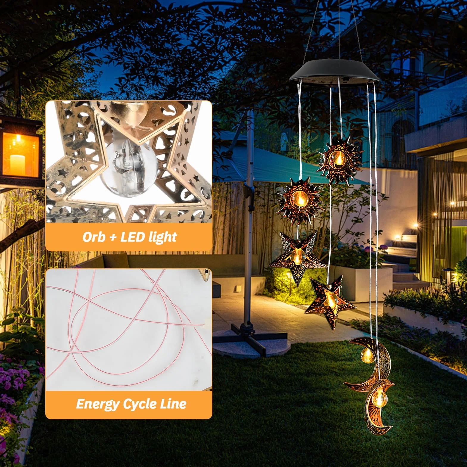 Campanas de Viento Solares LED para Exterior – Lámpara Decorativa Colgante de Jardín con Luz Solar, Sol, Luna y Estrella
