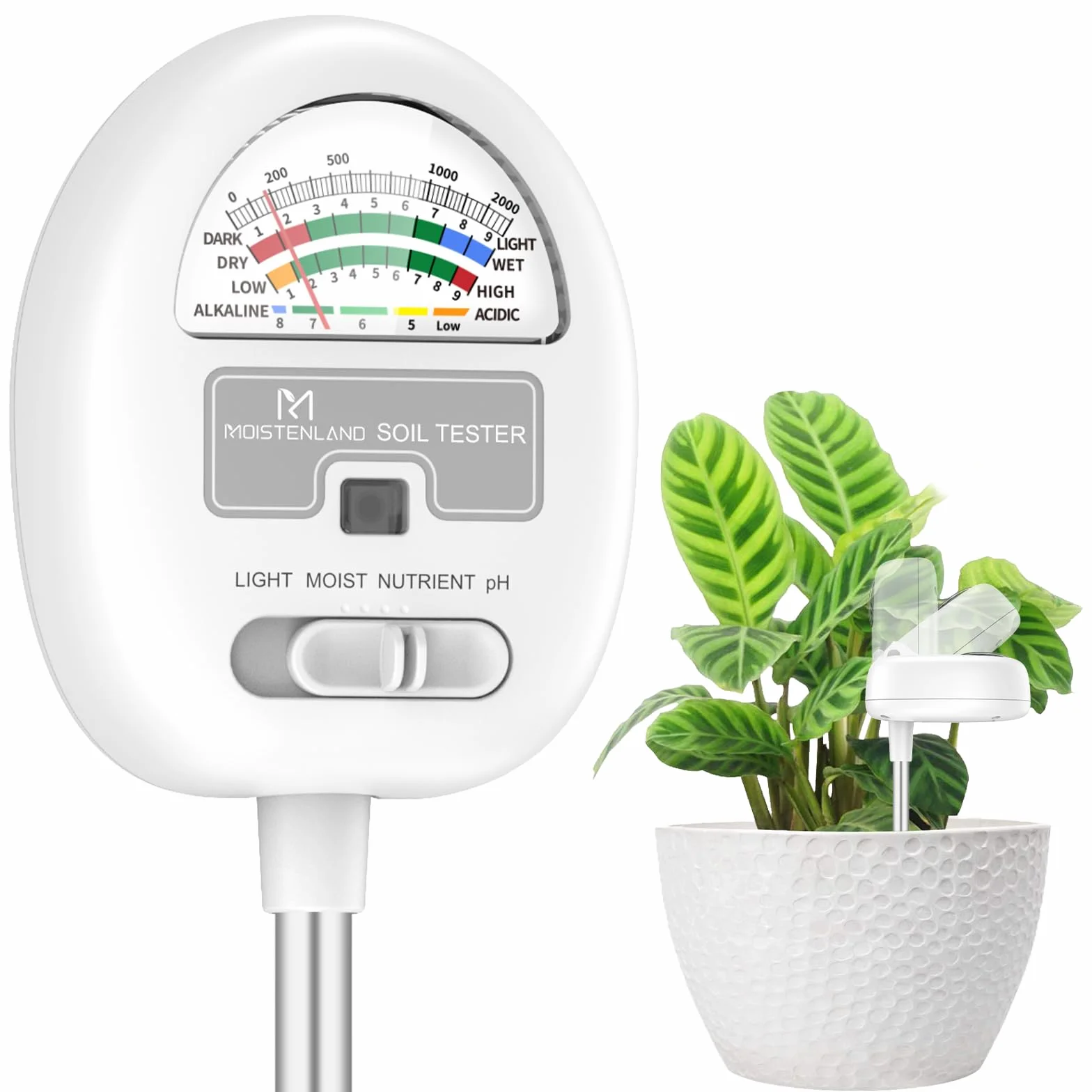 Medidor de humedad del suelo pH 4 en 1, luz, nutrientes, sin pilas para jardinería