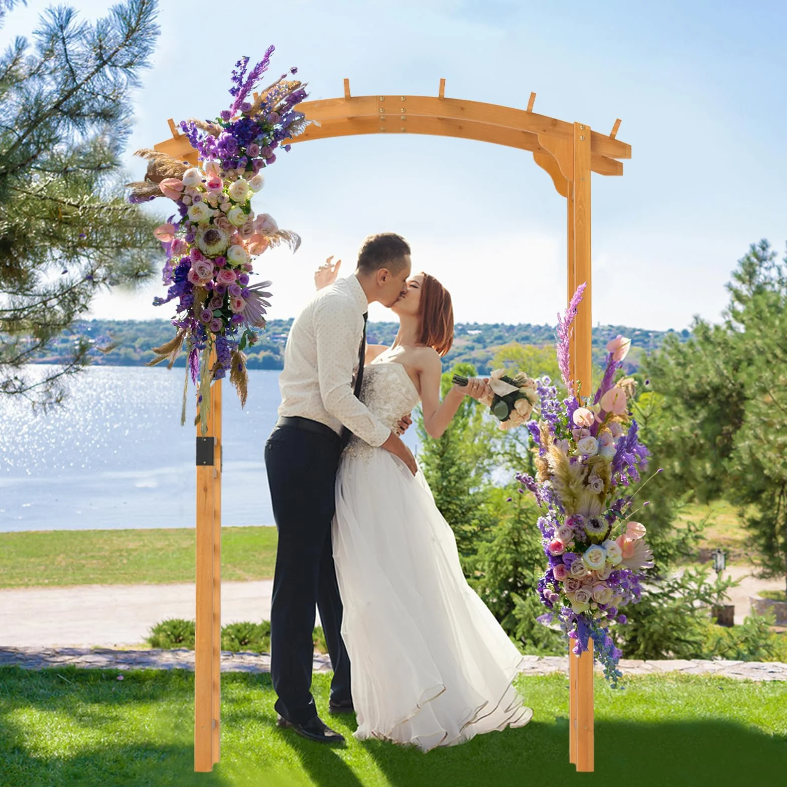 HOMASIS Arco de jardín de madera para rosas y plantas trepadoras, soporte naranja 160x60x229 cm