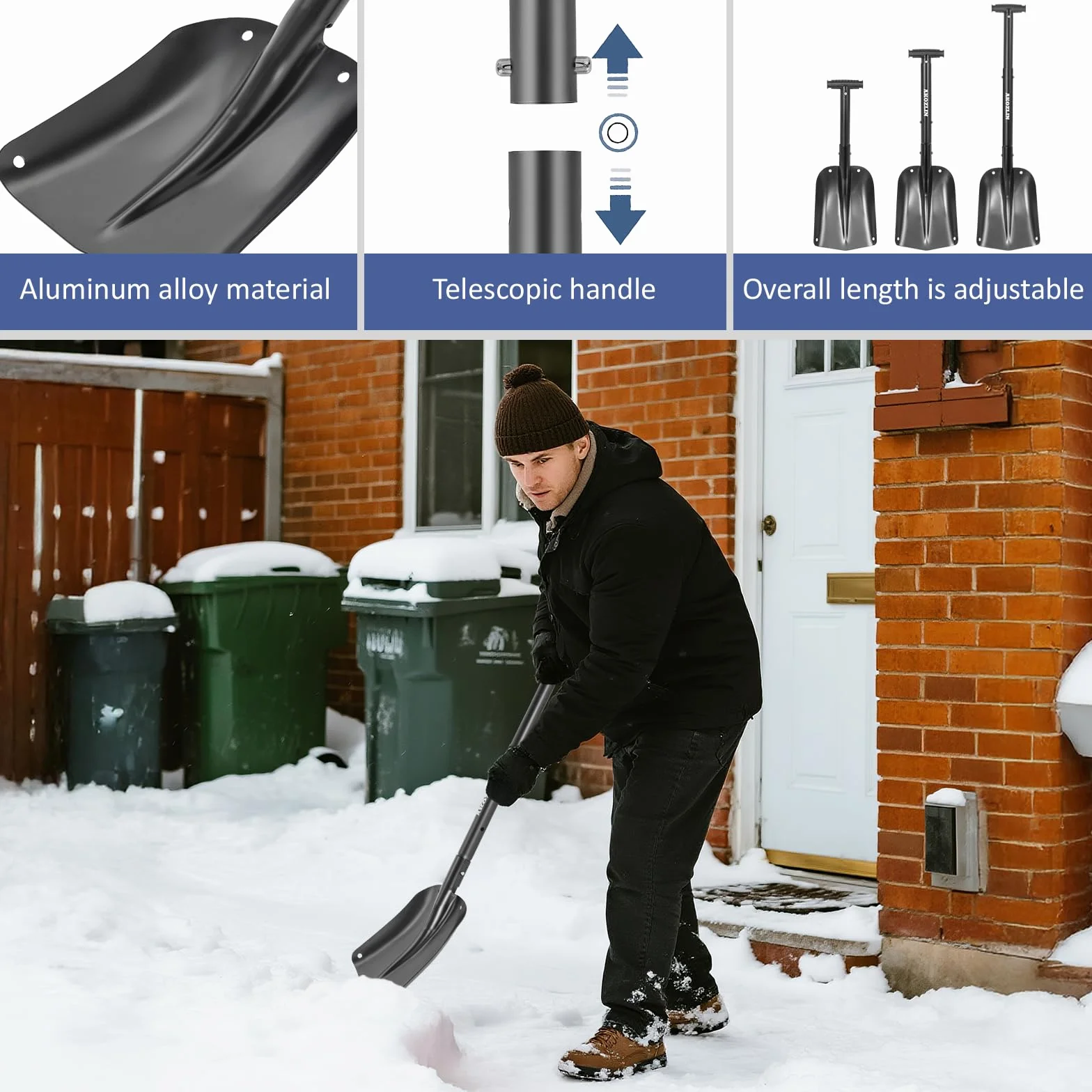 Pala telescópica de emergencia para nieve de aluminio, 21.2-32.3 pulgadas, plegable, con raspador de hielo y bolsa