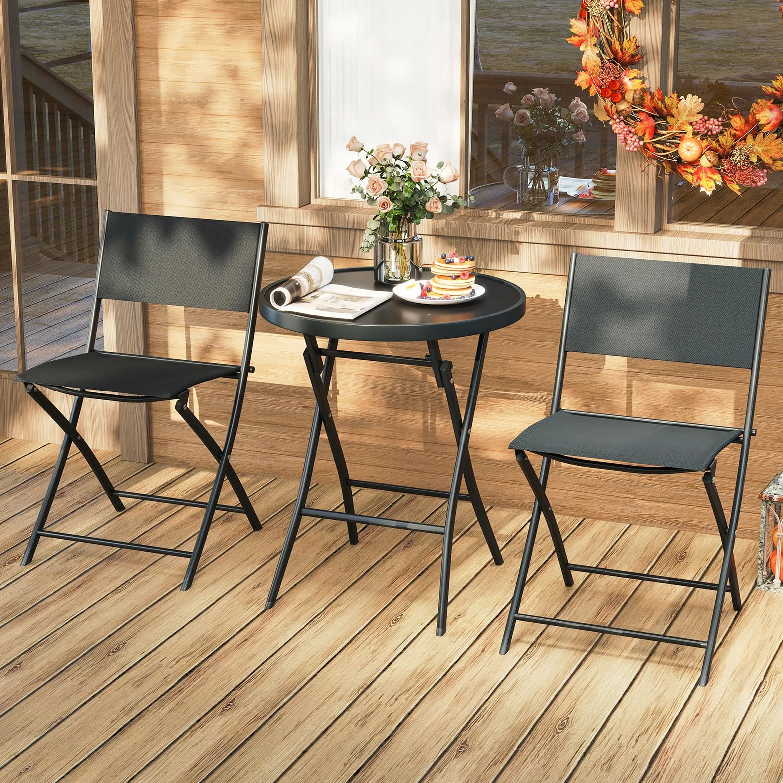 KOMFOTTEU Juego de Bistró 3 Piezas Plegables, Conjunto de Jardín Textileno, Mesa de Vidrio Templado y 2 Sillas