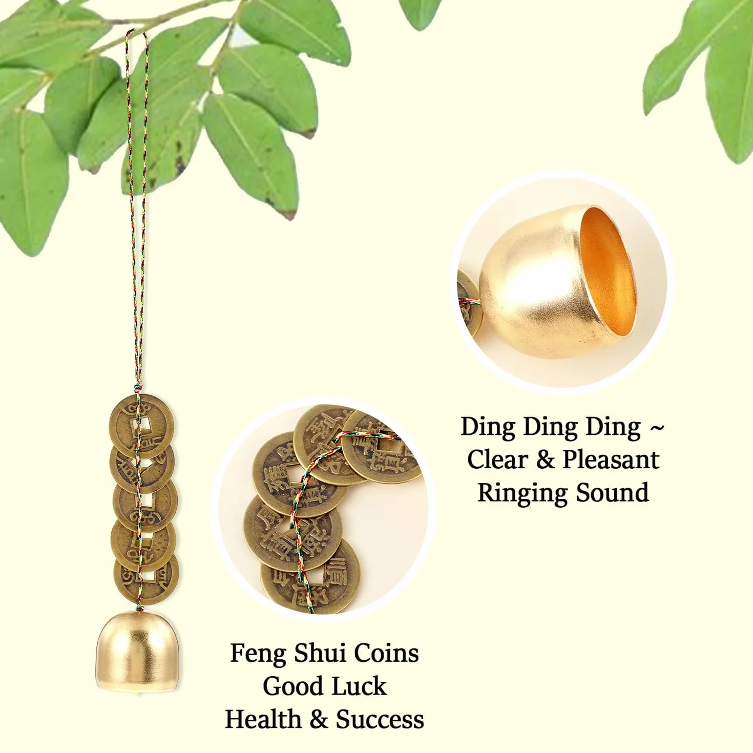 Campanas de Viento Feng Shui,2 PCS Decoración China Feng Shui con 5 Monedas del Emperador,Campanas Colgantes de Metal para Jardín,Campana de Buena Suerte para Exterior e Interior,Regalo de Amistad