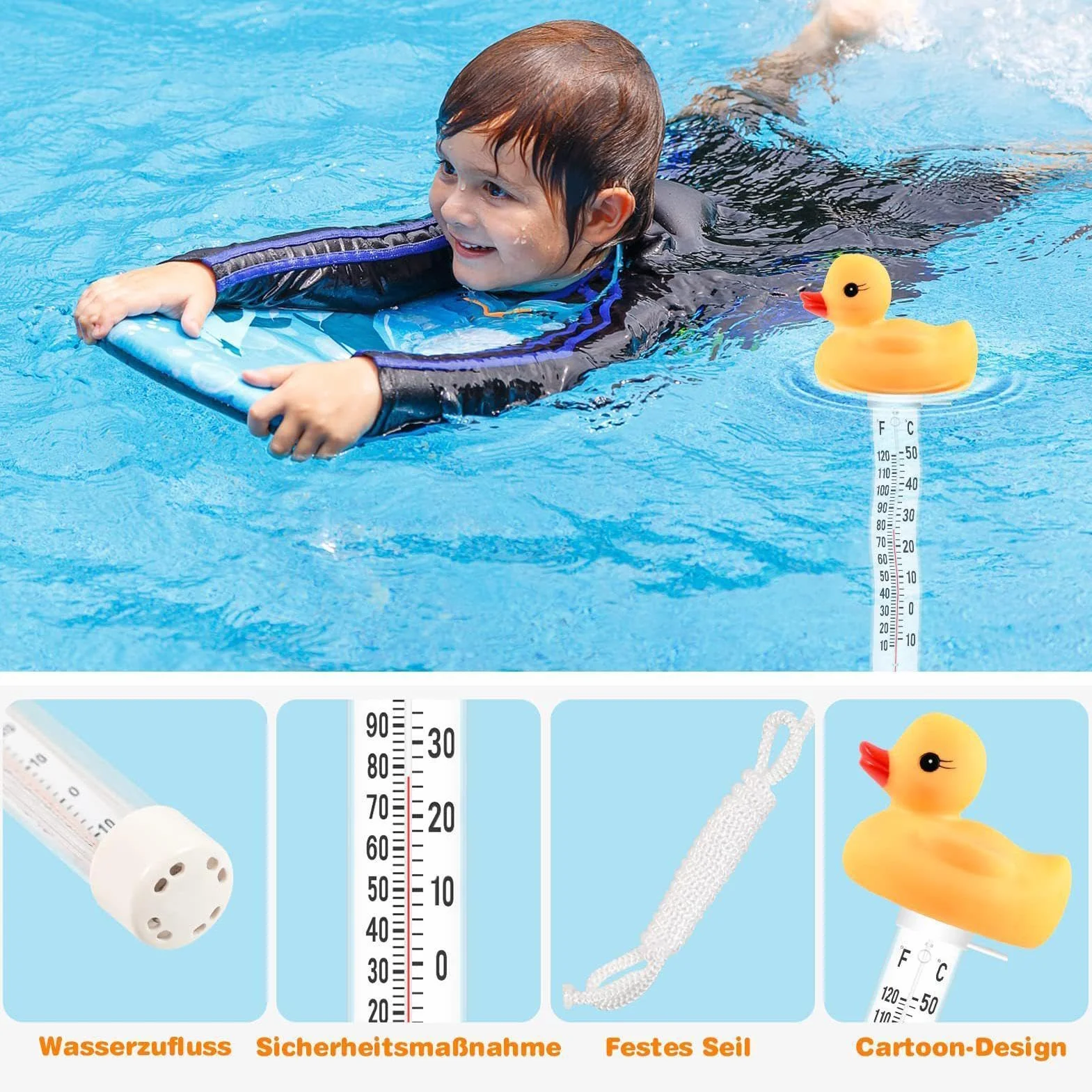 Termómetro Flotante para Piscina Pato Pulpo 10x22,5cm -10 a 50°C Cuerda Antipérdida