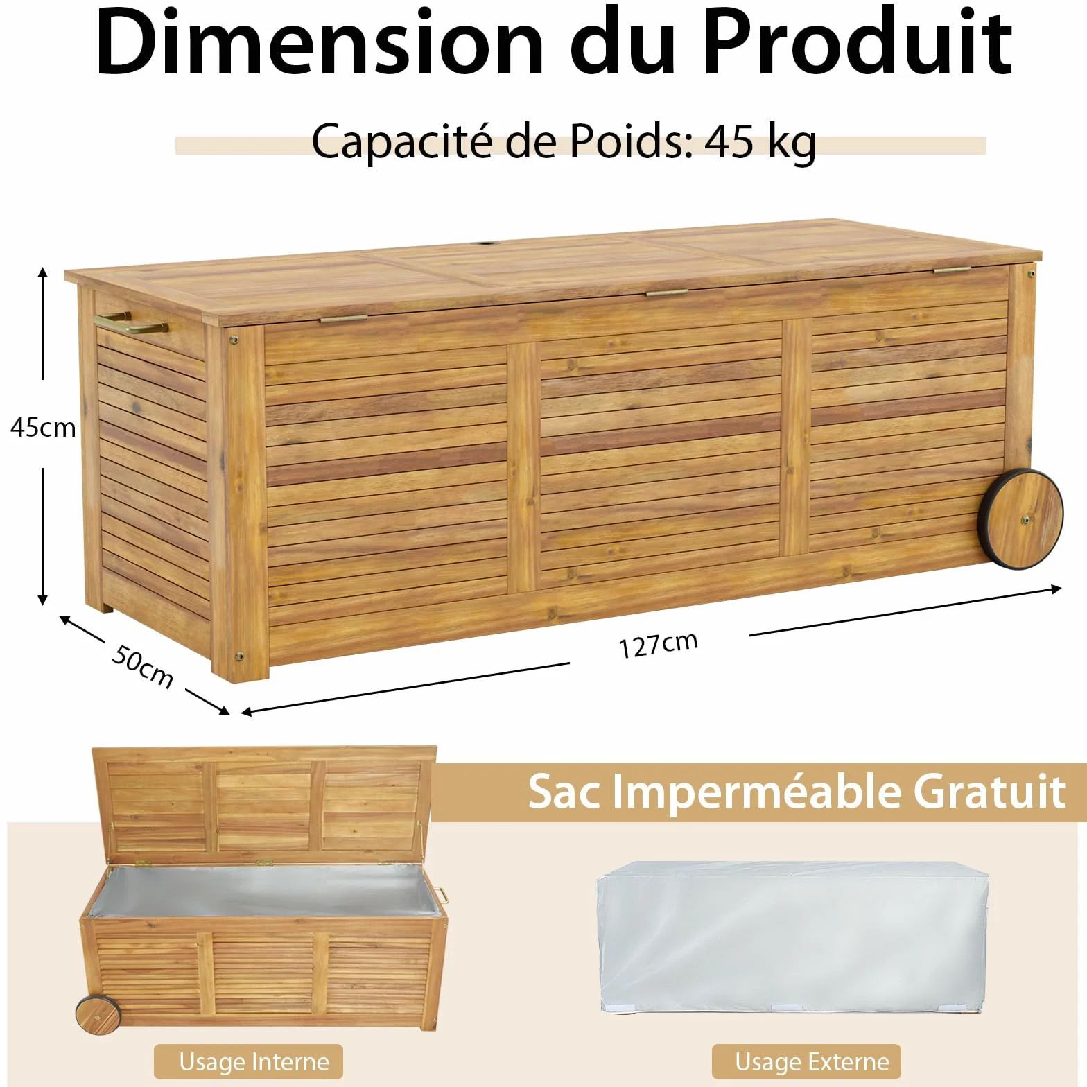 GOPLUS Caja de almacenamiento exterior 182L rodante madera de acacia con ruedas asa lateral impermeable